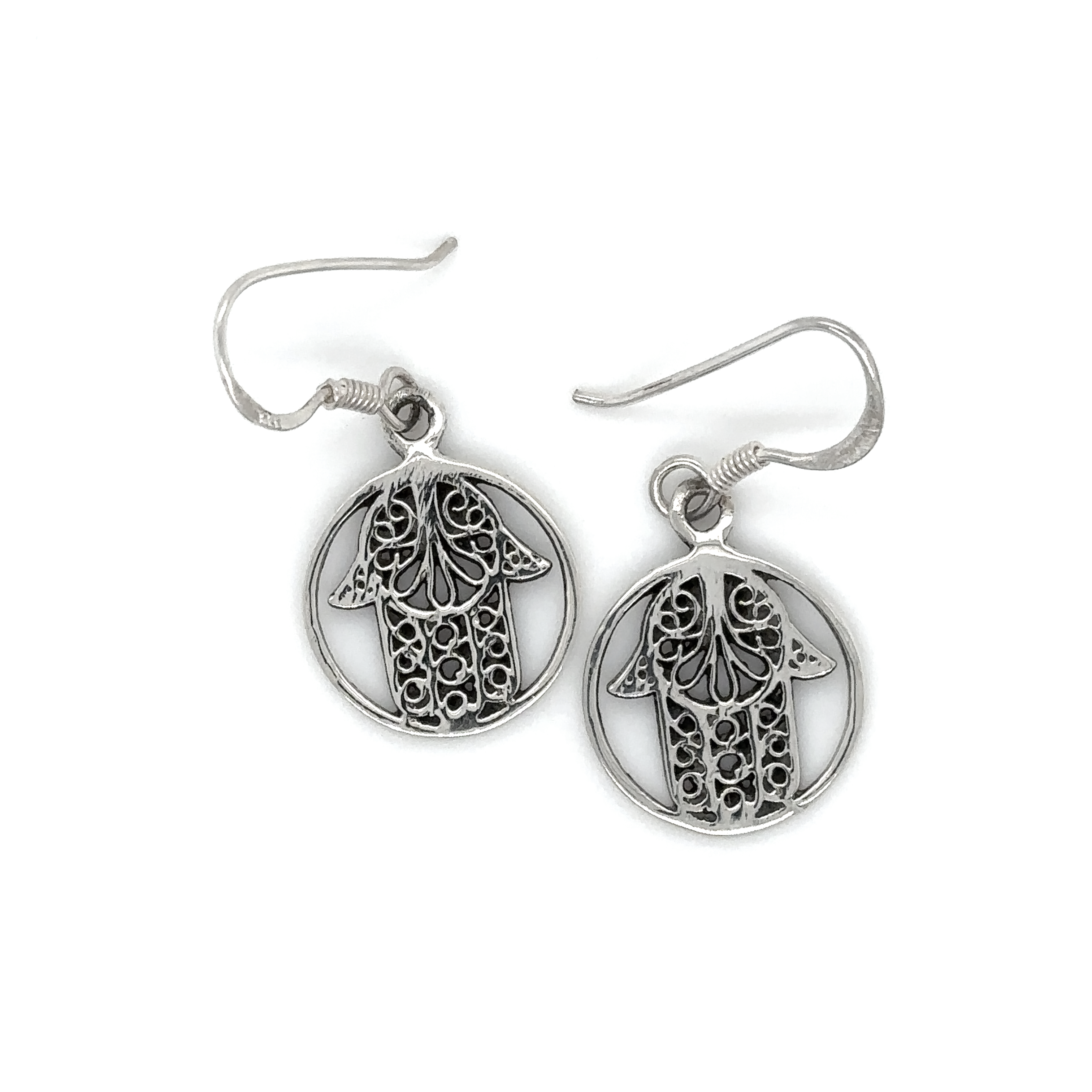 Super Silver .925 Silver Hamsa Hand In Open Circle Earrings.