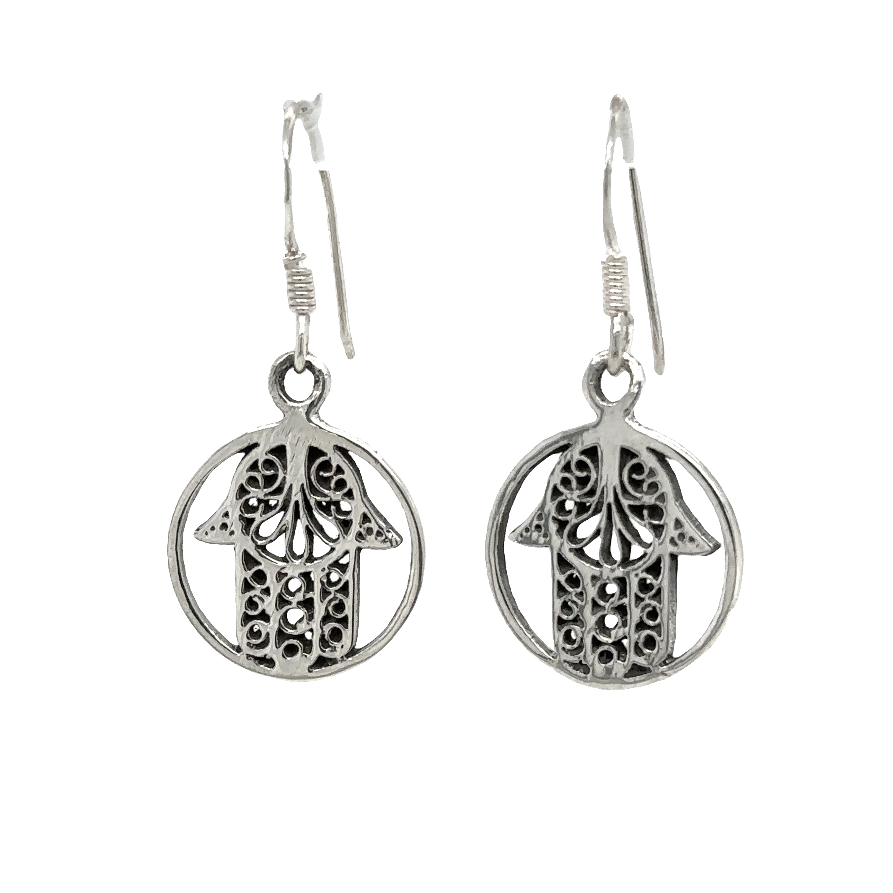 Super Silver .925 silver Hamsa Hand In Open Circle earrings.