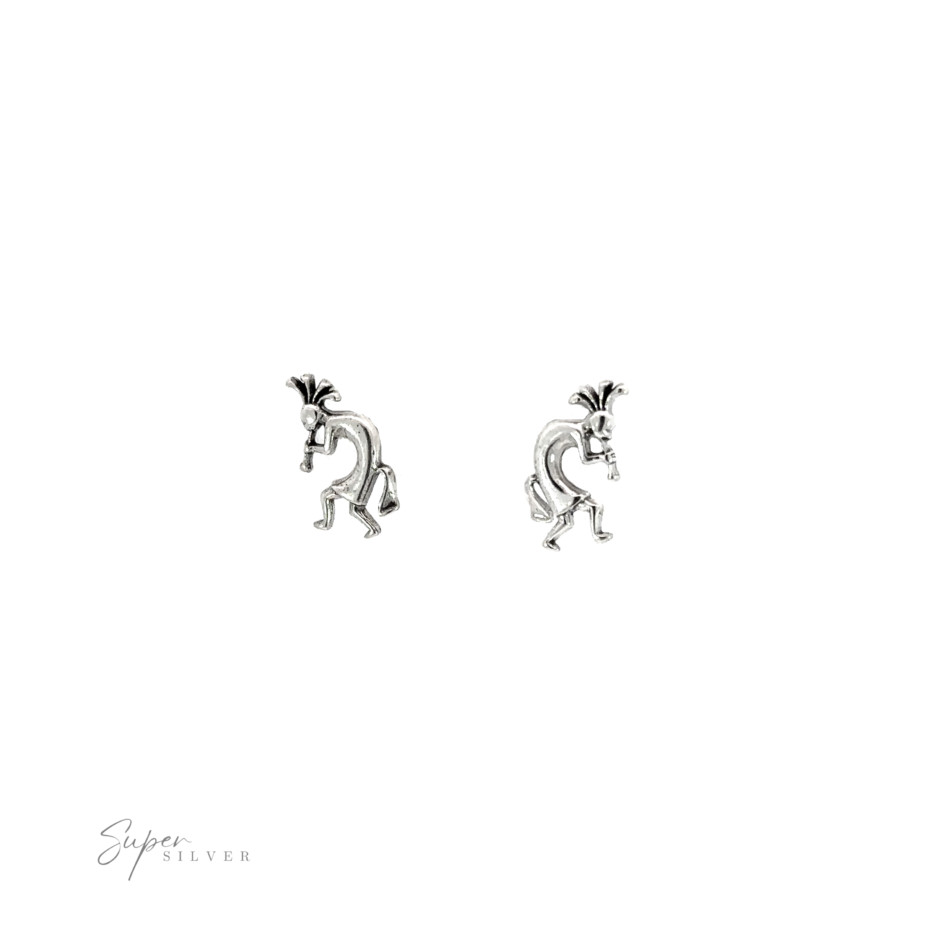 A pair of Kokopelli Studs made of .925 Sterling Silver, creating a meaningful accessory on a white background.