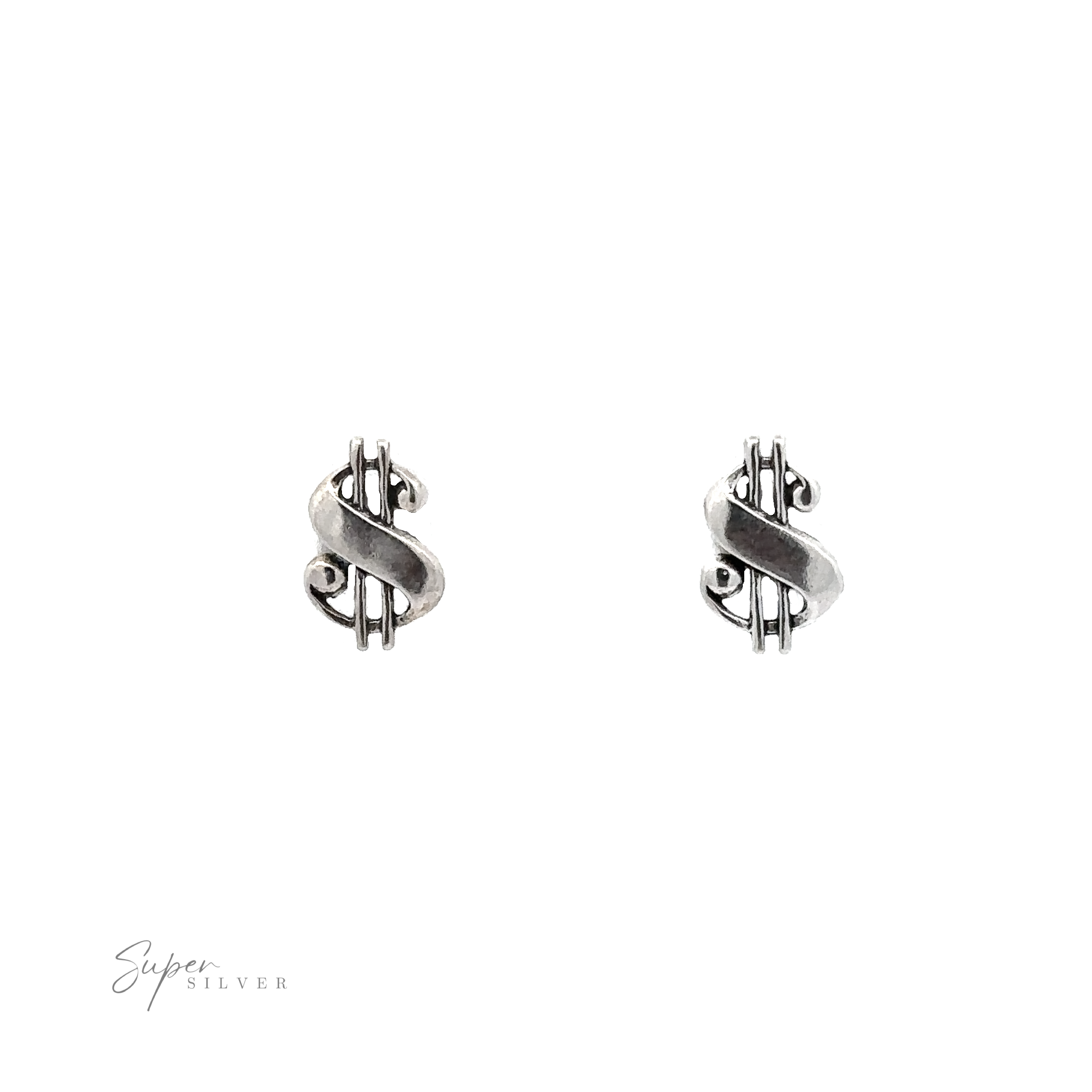 A pair of Dollar Sign Studs on a white background, symbolizing financial luck and style.