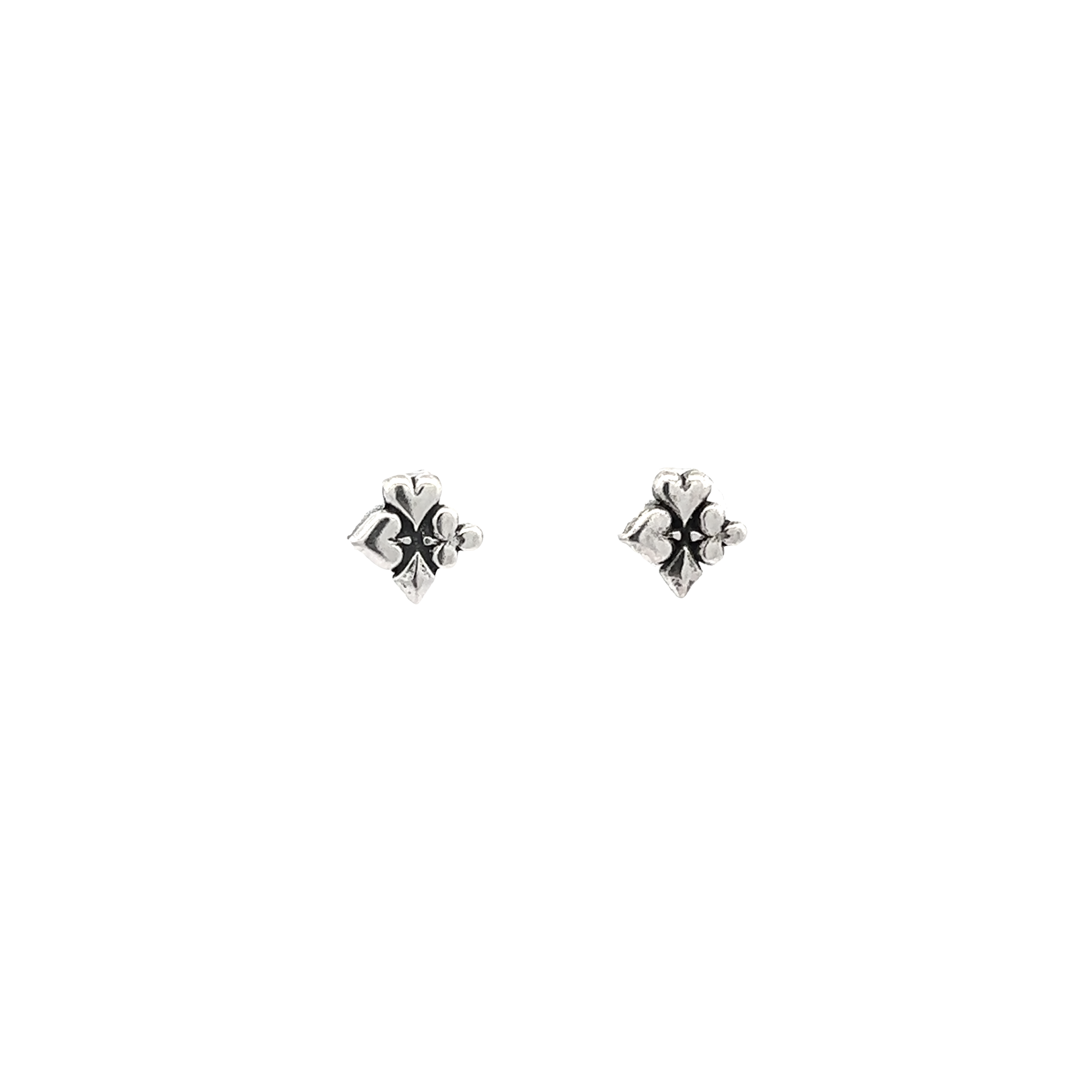 A pair of Deck of Card Suits Studs on a white background, perfect for poker lovers.