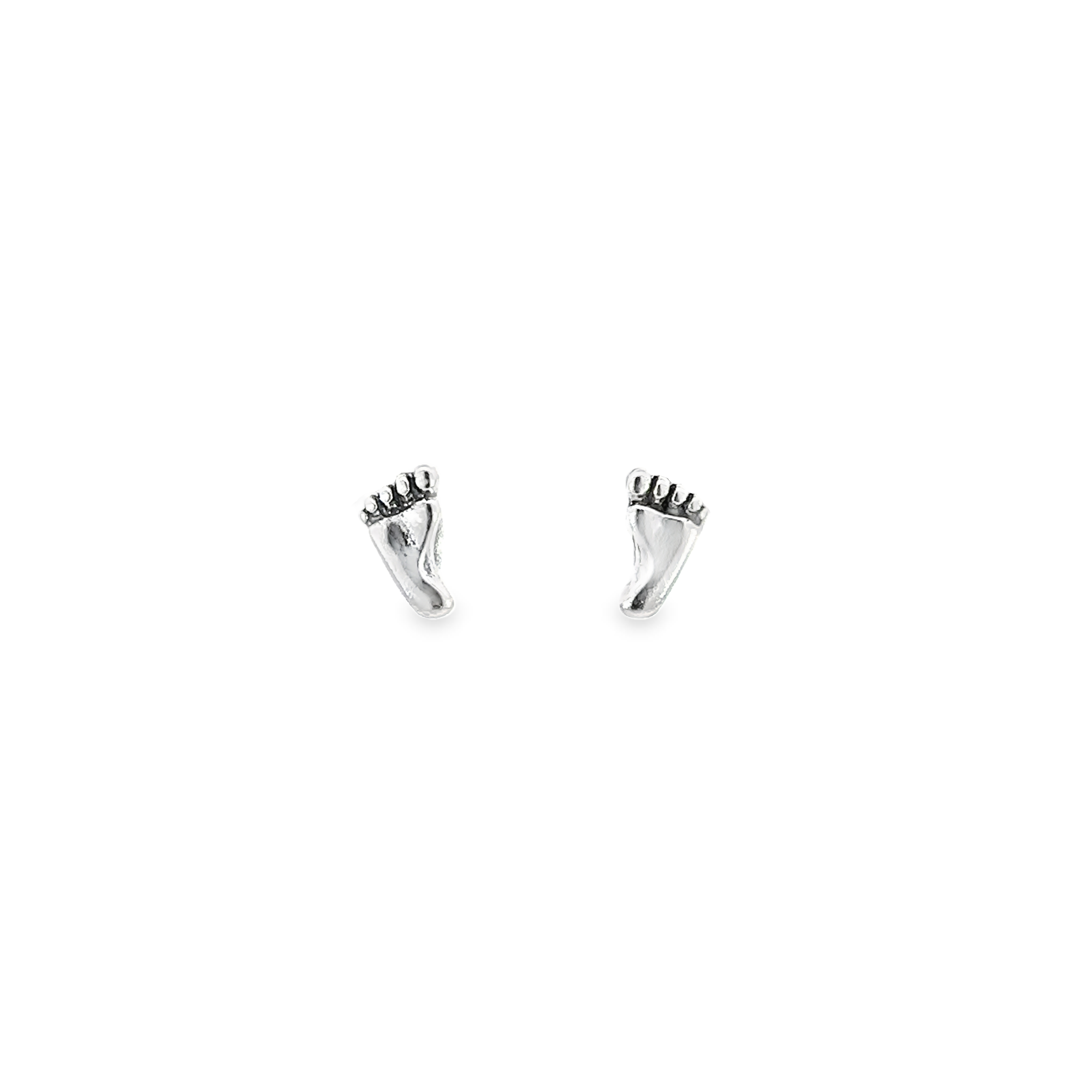 A pair of silver stud earrings with a small Foot Studs detail on a white background.