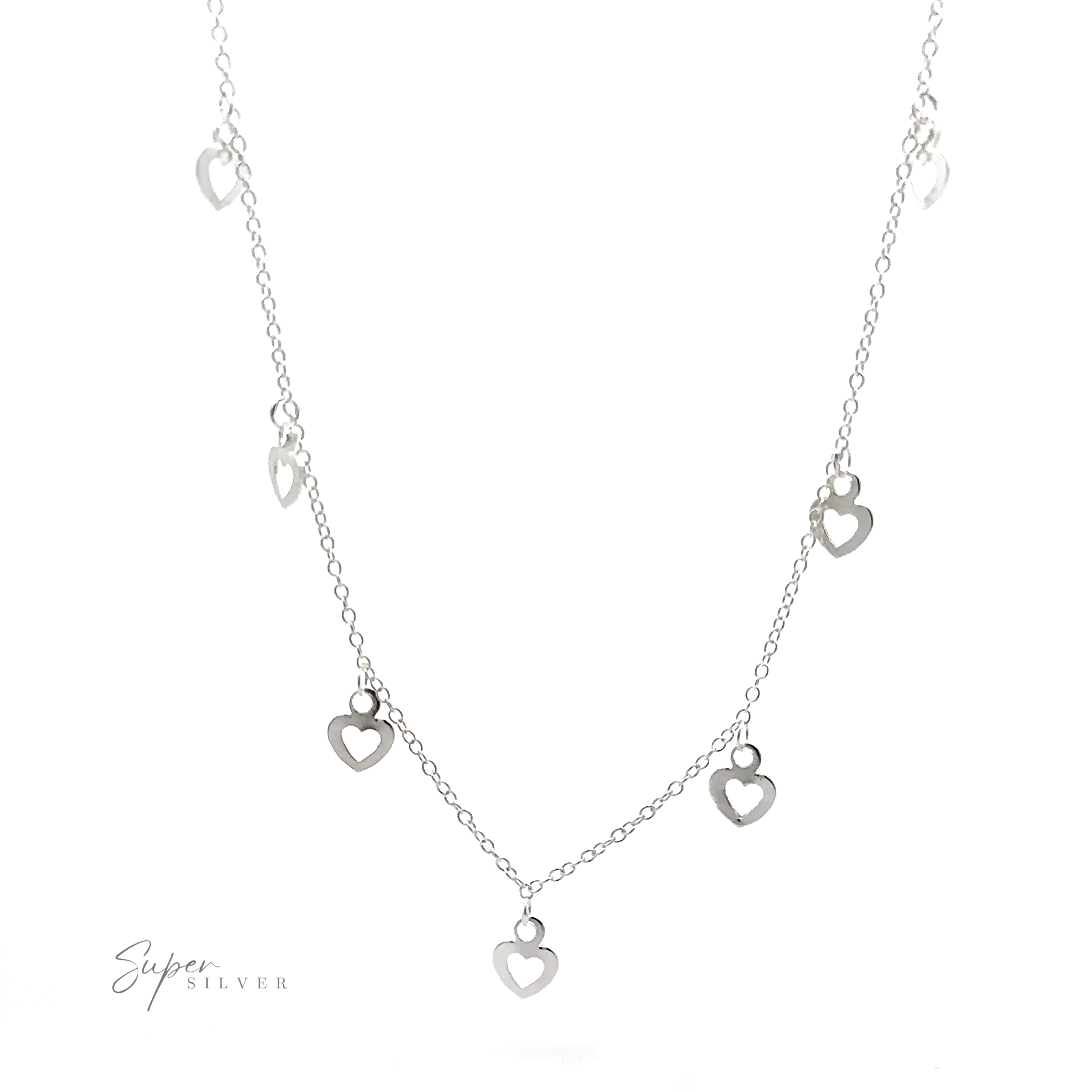 A Silver Open Heart Charm Necklace with small open heart charms evenly spaced along the chain.