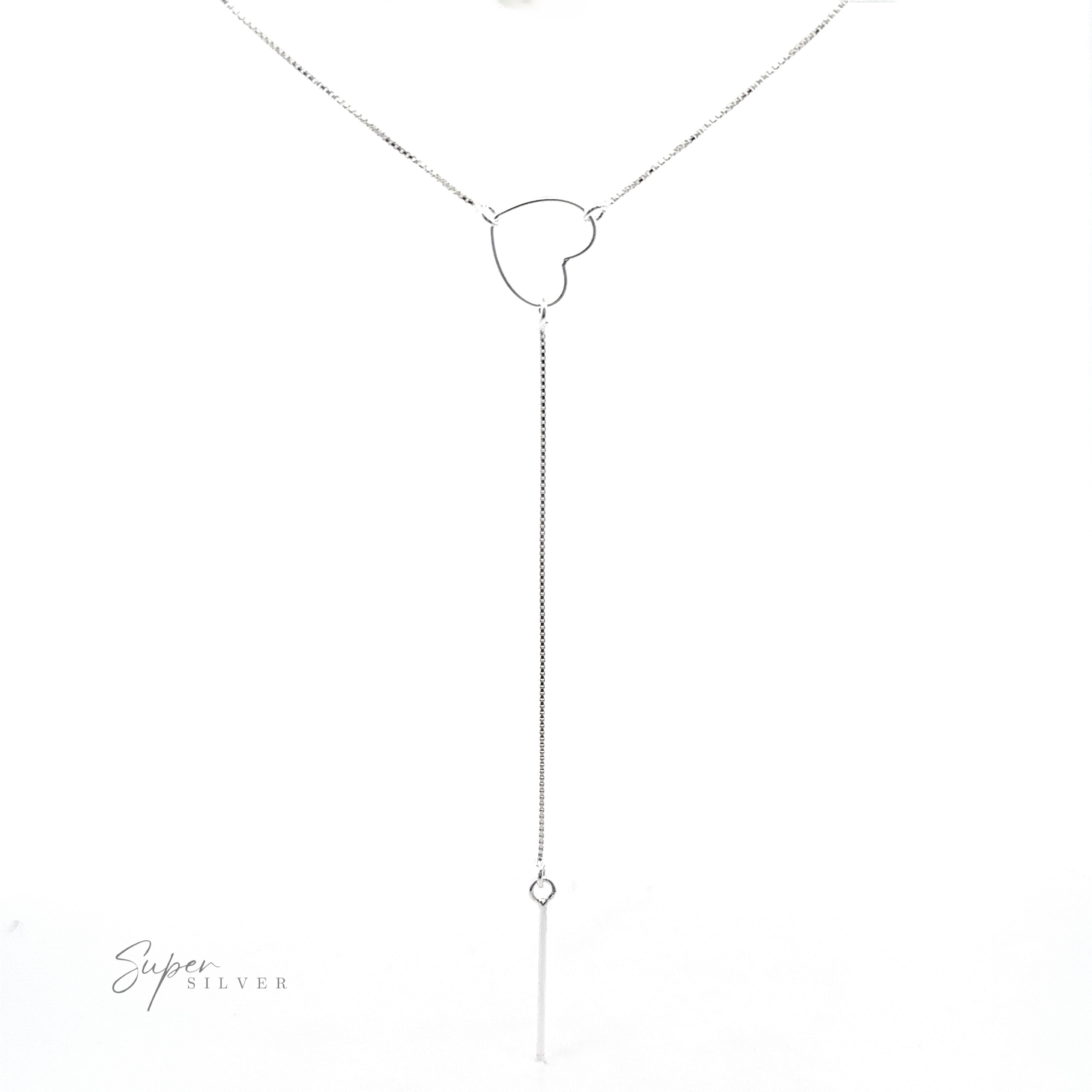Open Heart Lariat Necklace featuring an open heart design and a vertical bar pendant. Text "Super Silver" is present at the bottom left corner, emphasizing this dainty sterling silver necklace.
