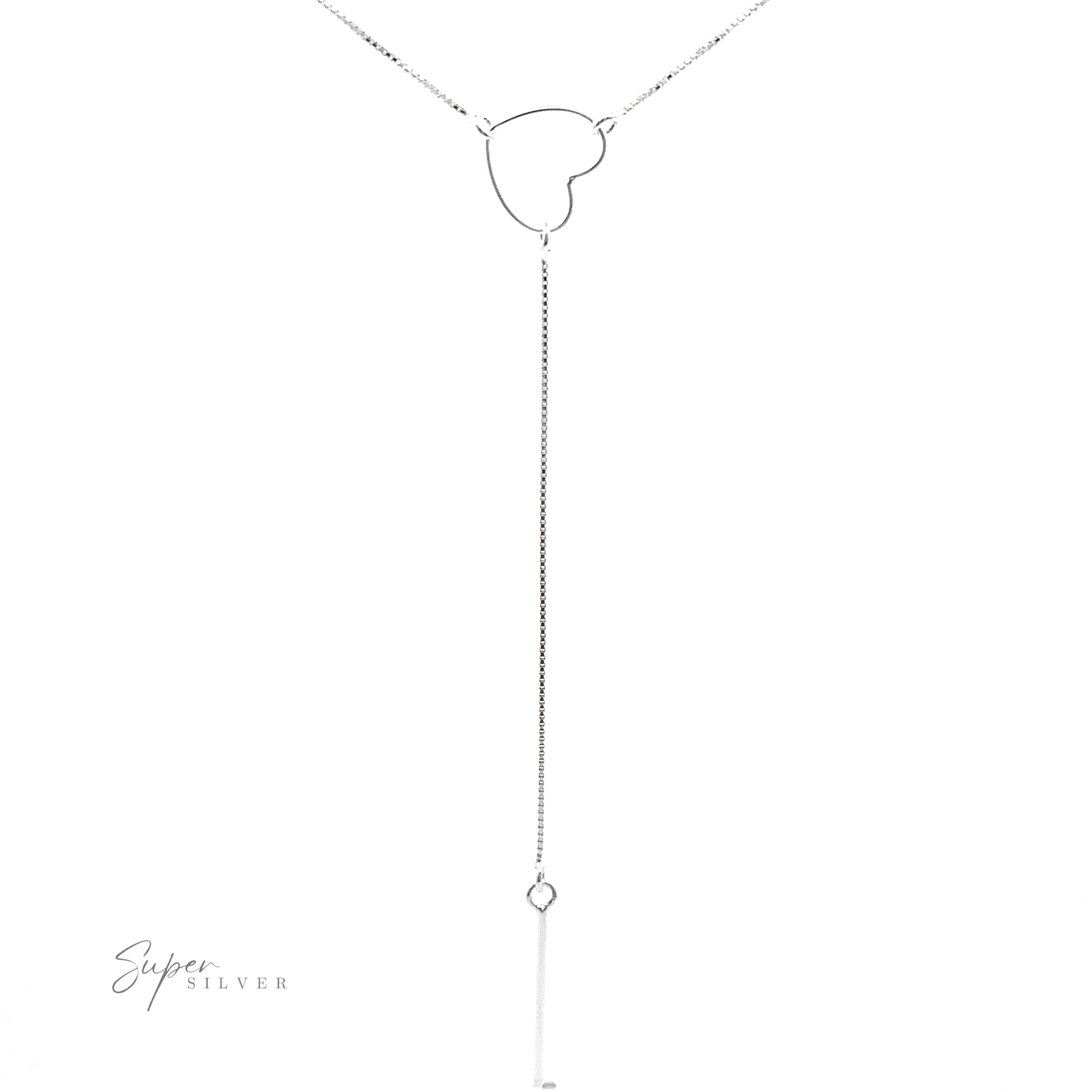 A sterling silver necklace featuring a heart-shaped pendant at the center, from which a vertical chain extends downwards. This dainty necklace has a small cylindrical element at the end and proudly bears the "Open Heart Lariat Necklace" logo, making it a charming heart lariat necklace.