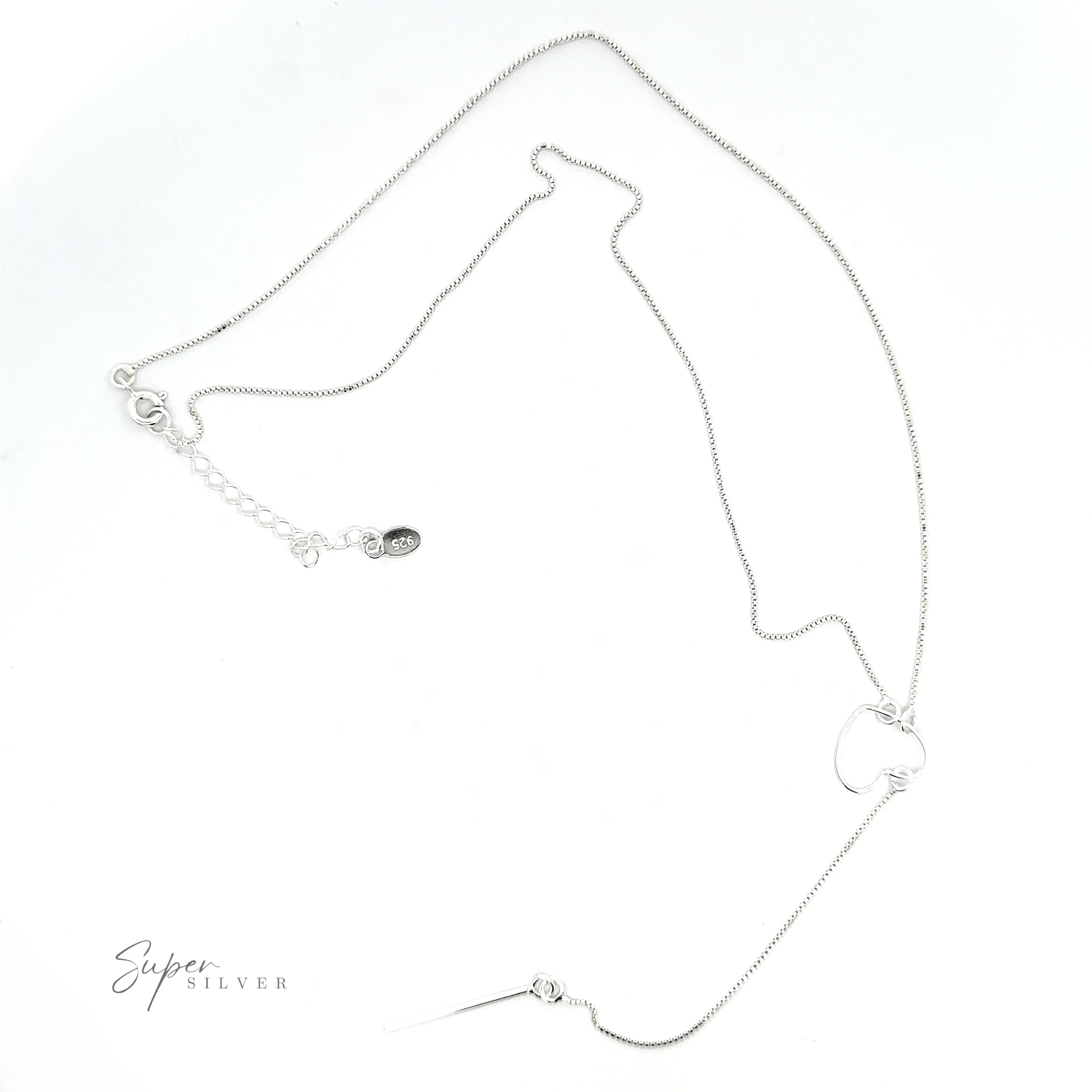 A sterling silver necklace with a thin chain, small pendant, and adjustable clasp is displayed on a white background. The Open Heart Lariat Necklace also features a small branded tag that reads "Super Silver.