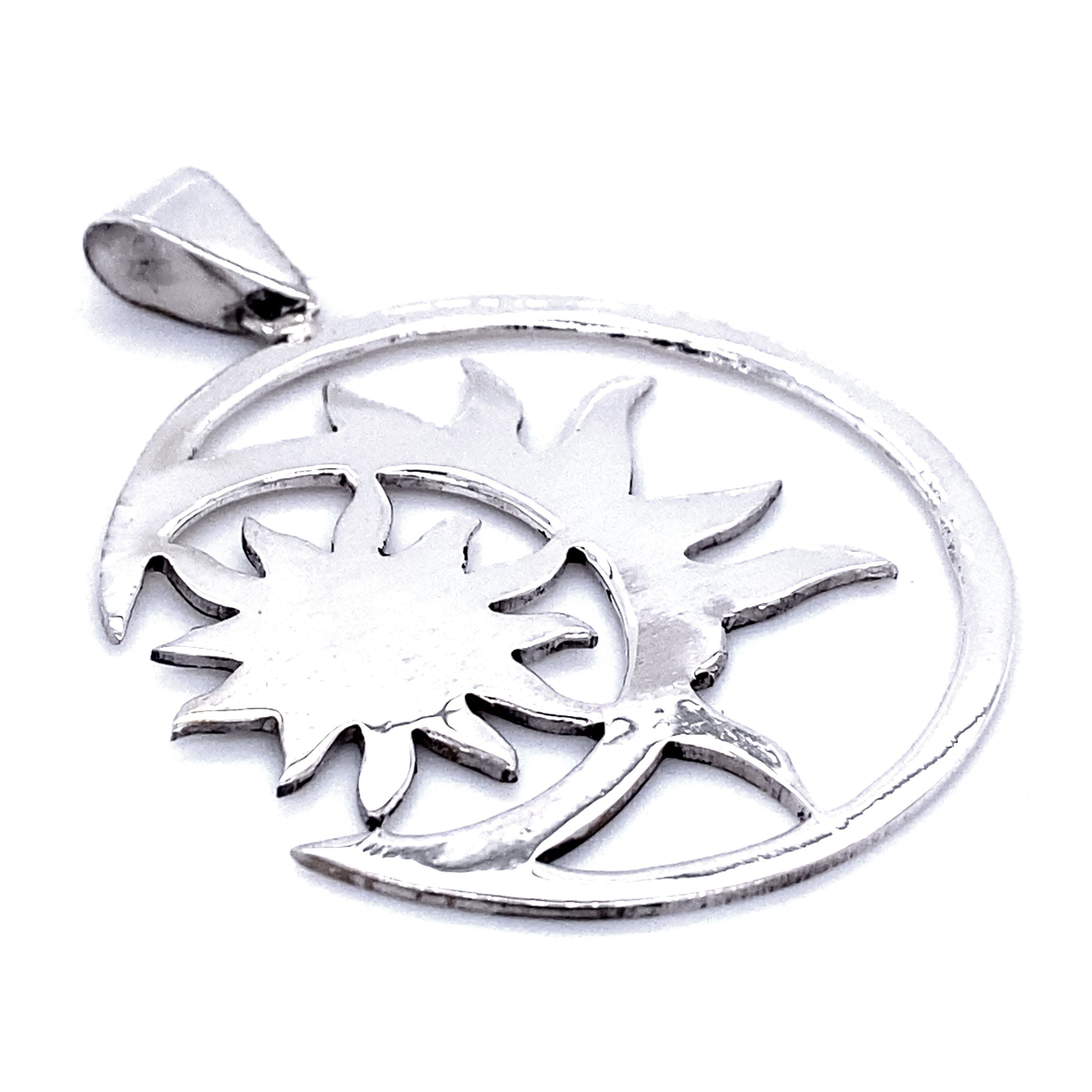 Brilliant Sun in Moon Pendant featuring a sun and moon design with intricate cutouts, beautifully capturing celestial bodies.