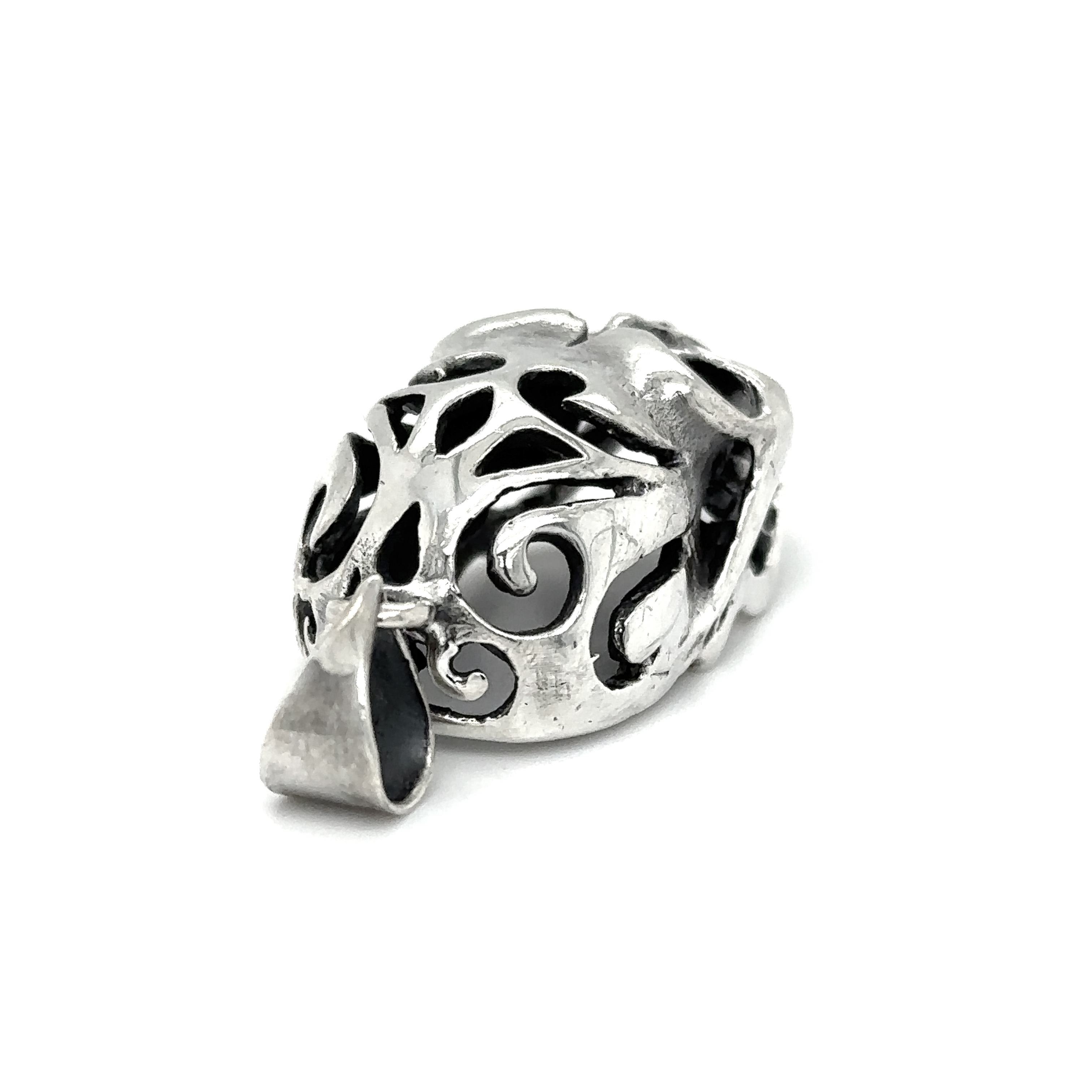 A Super Silver Skull Pendant with Swirl Design with a distinctive character and an ornate design.