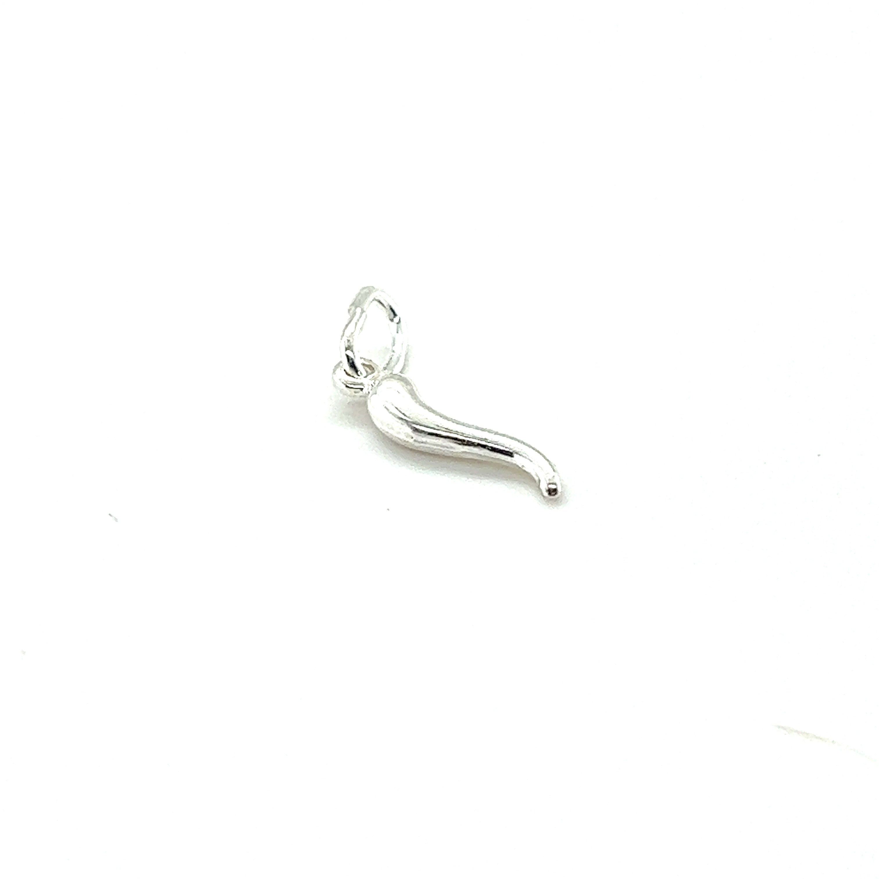 A small Super Silver Italian Horn Charm pendant on a white background.
