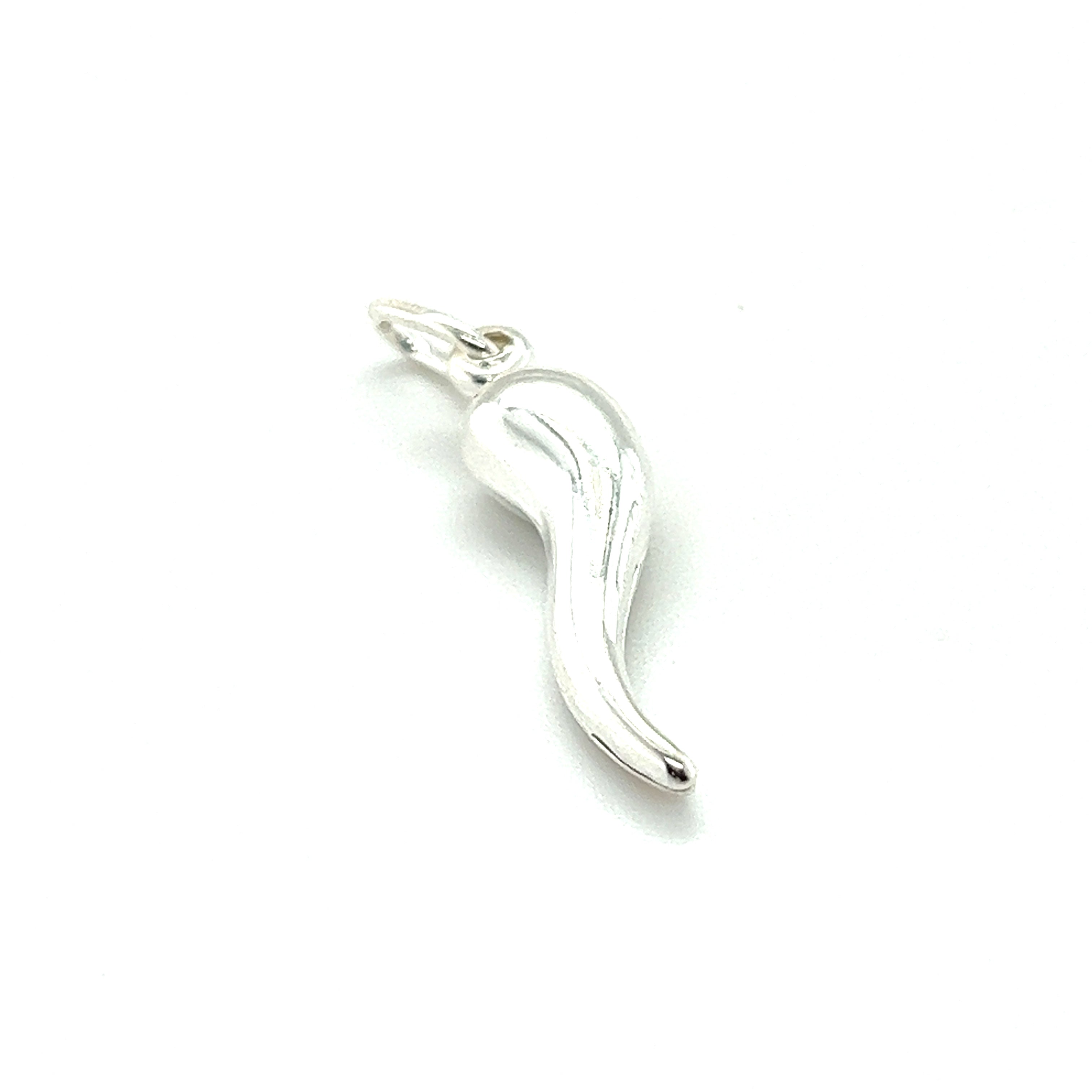 A Super Silver Italian Horn charm with a curved shape, perfect for a charm collection or as a symbol of good fortune.