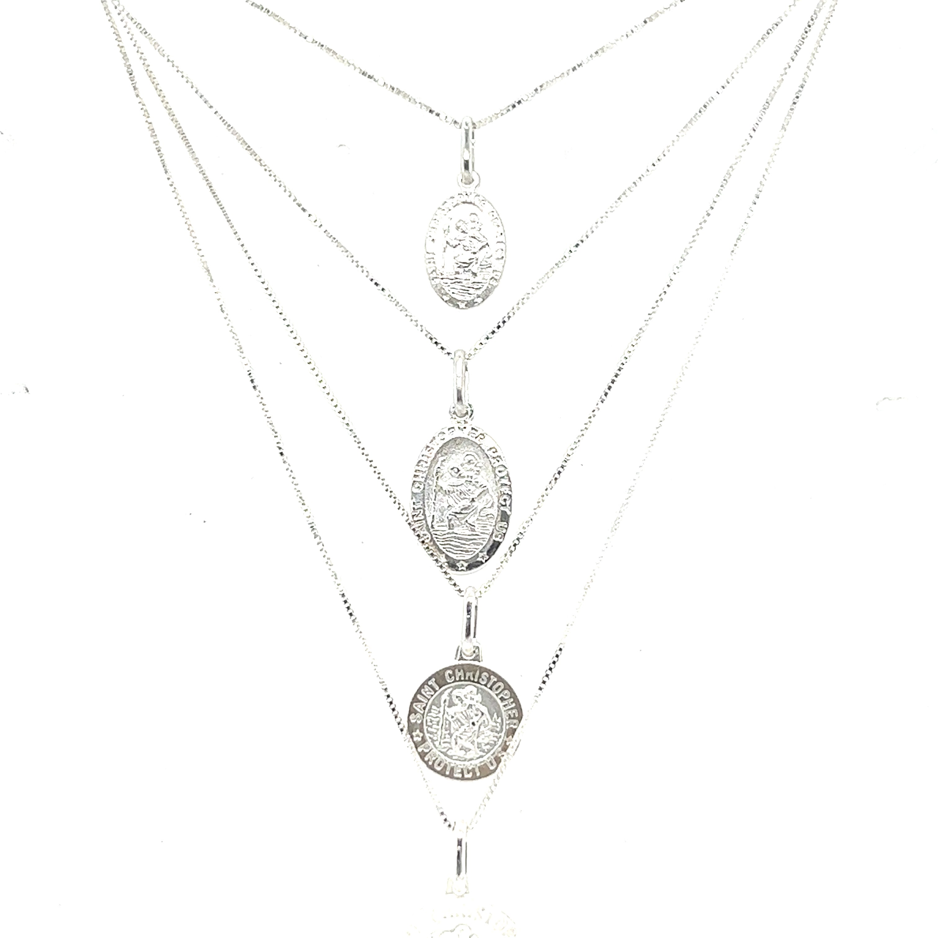 A Super Silver necklace featuring the Saint Christopher Medallion In Various Sizes, depicting three coins.
