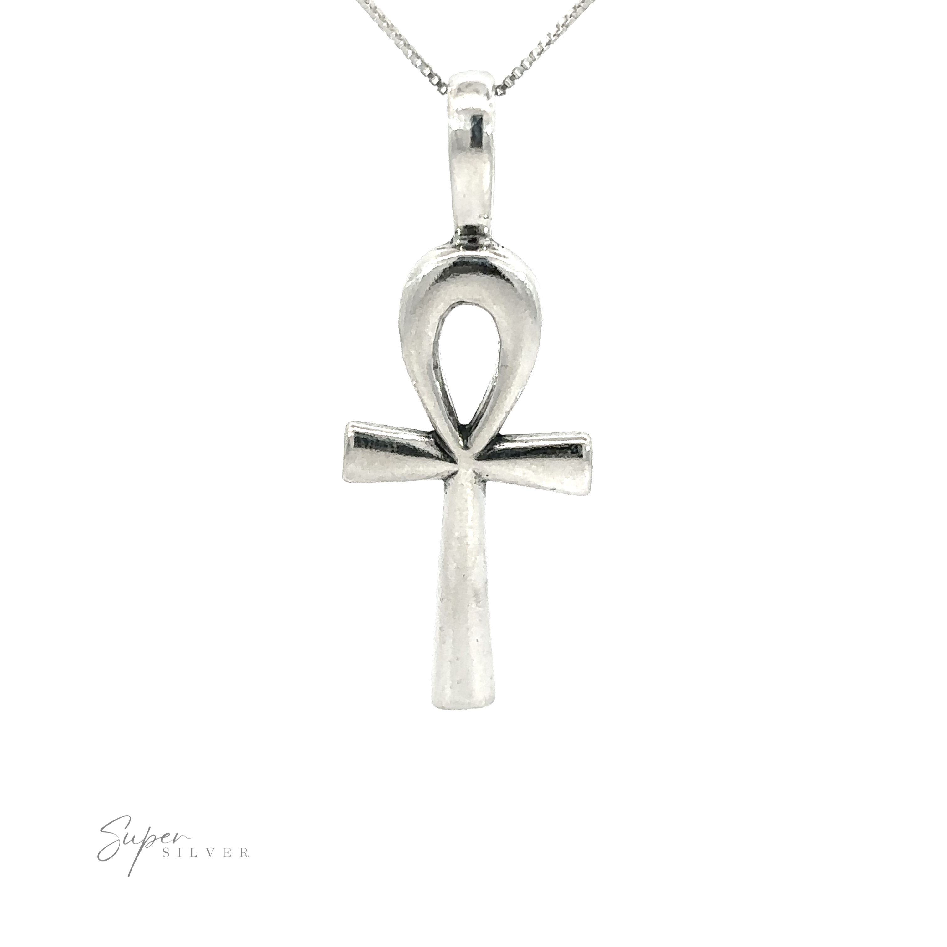An Ankh Pendant, an ancient Egyptian symbol of eternal life, hangs on a delicate chain against a white background. The T-shaped symbol with a loop at the top is elegantly displayed. The text "Ankh Pendants" appears in the bottom left corner.