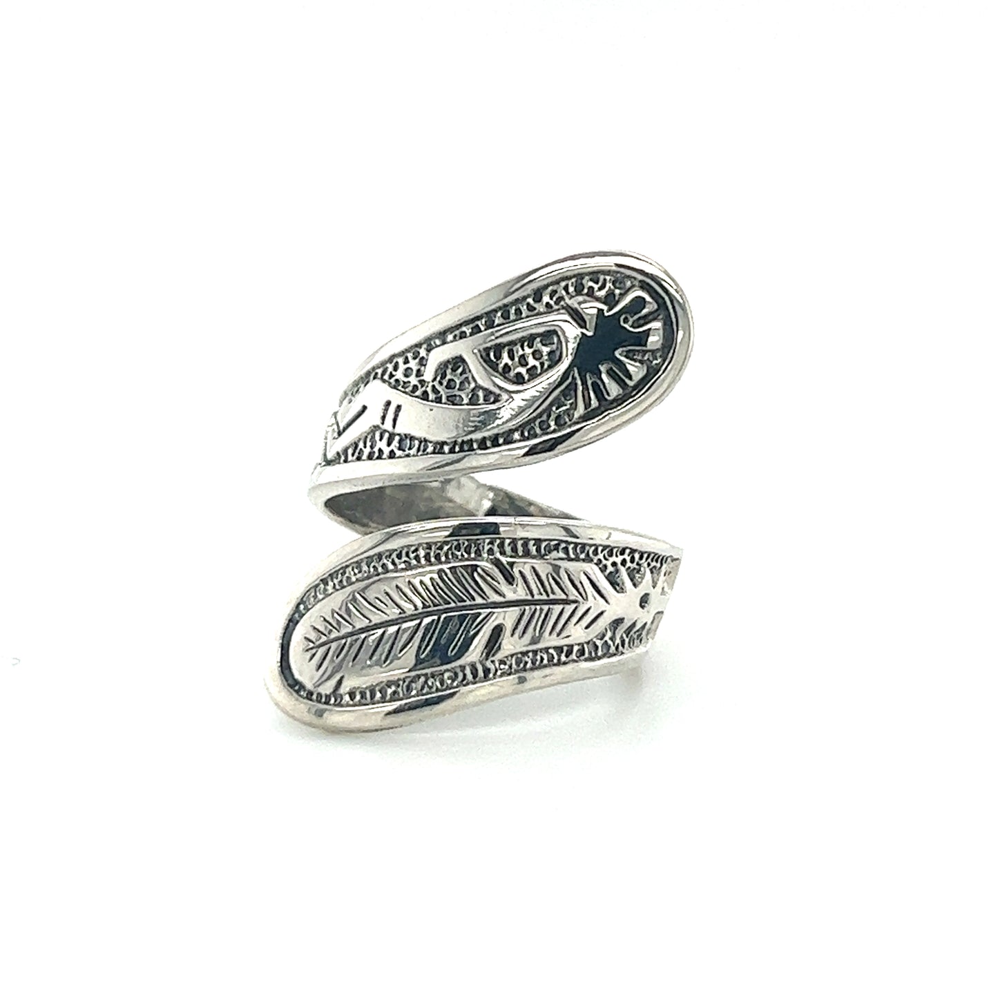 An adjustable Super Silver Kokopelli and Feather Wrap Ring, inspired by the Southwest and featuring a feather motif.
