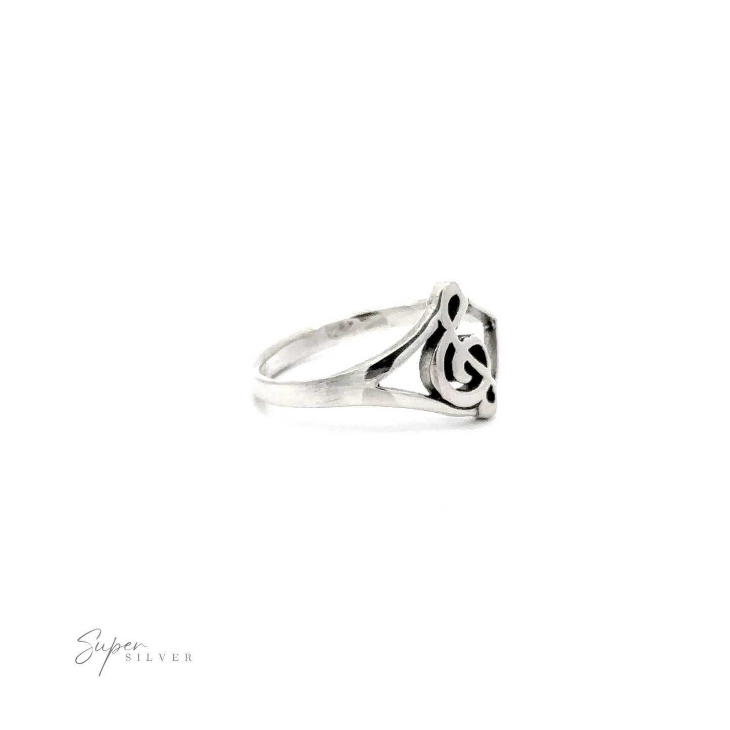 
                  
                    A Treble Clef Split Shank Ring, made of .925 Sterling Silver with a musical note design, perfect for the musical person who appreciates elegant jewelry.
                  
                