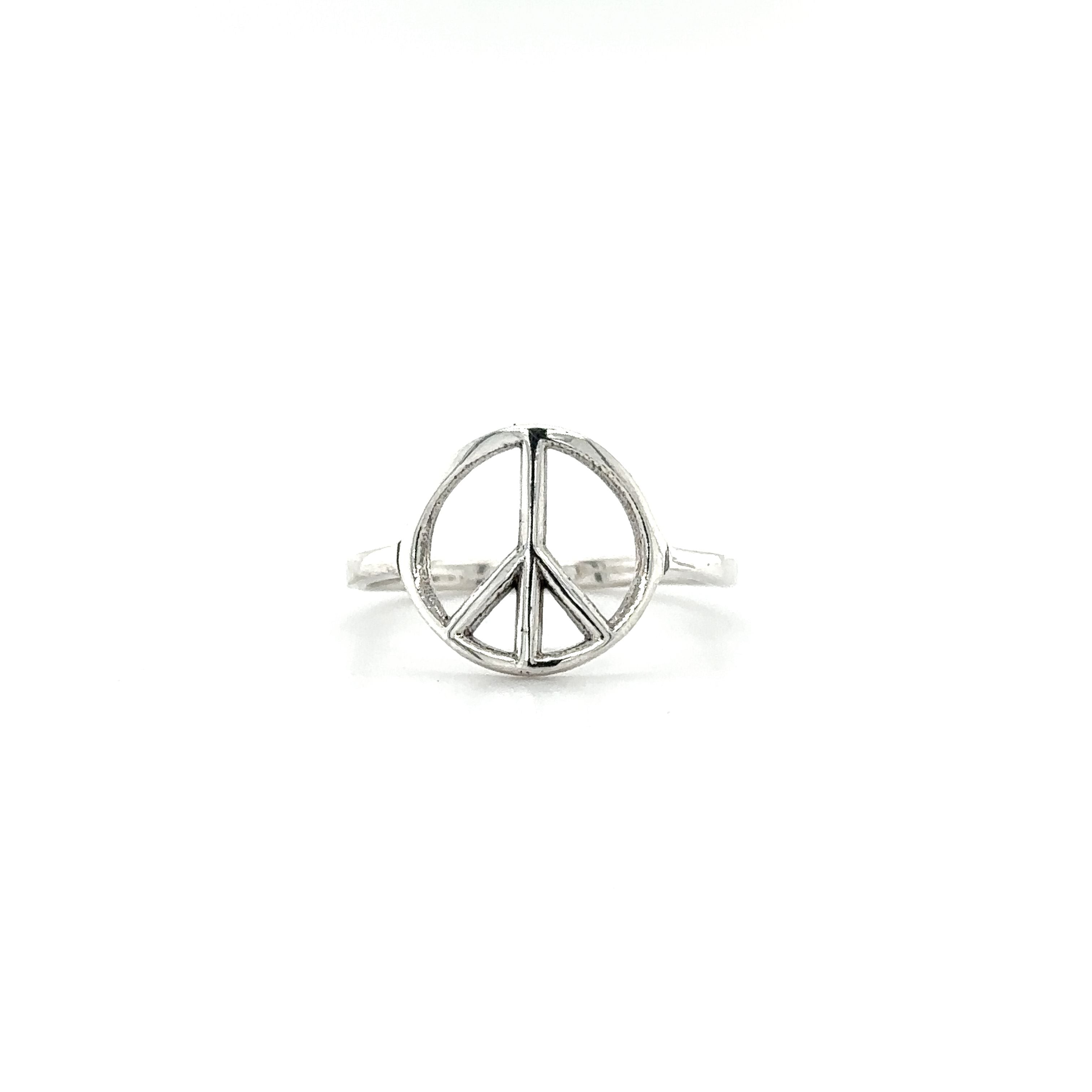 A Super Silver Simple Peace Sign ring on a carefree spirit background.
