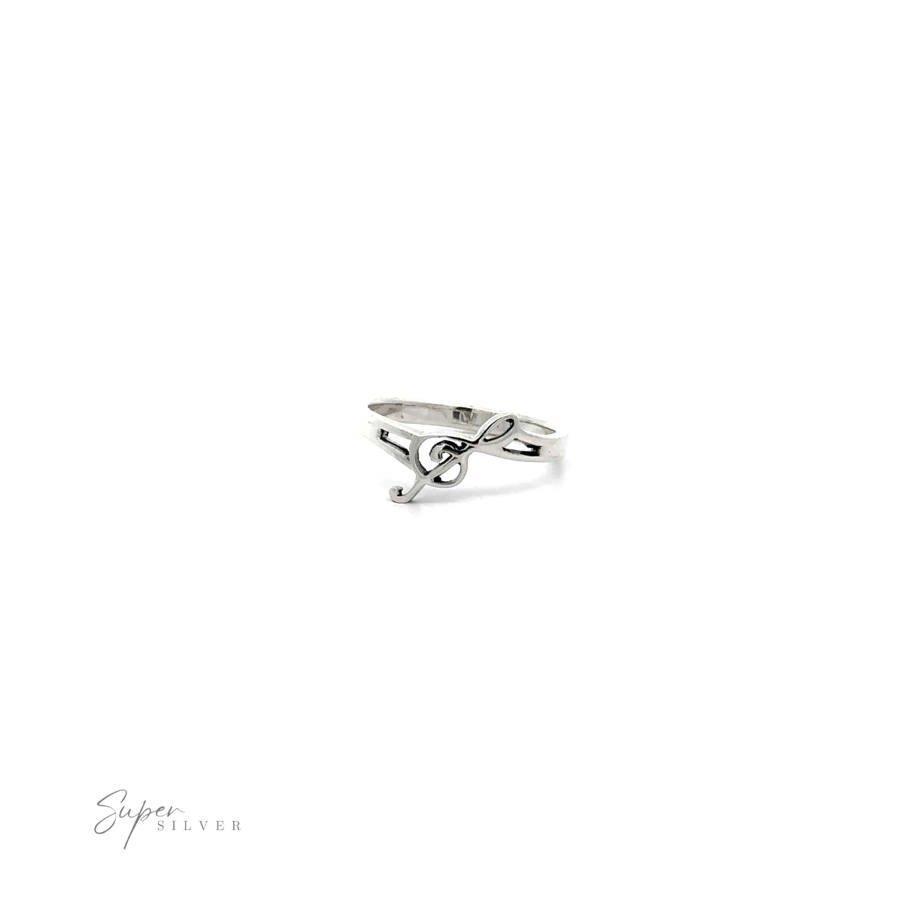 A silver Slanted Treble Clef Ring with a small bird on a split shank band.