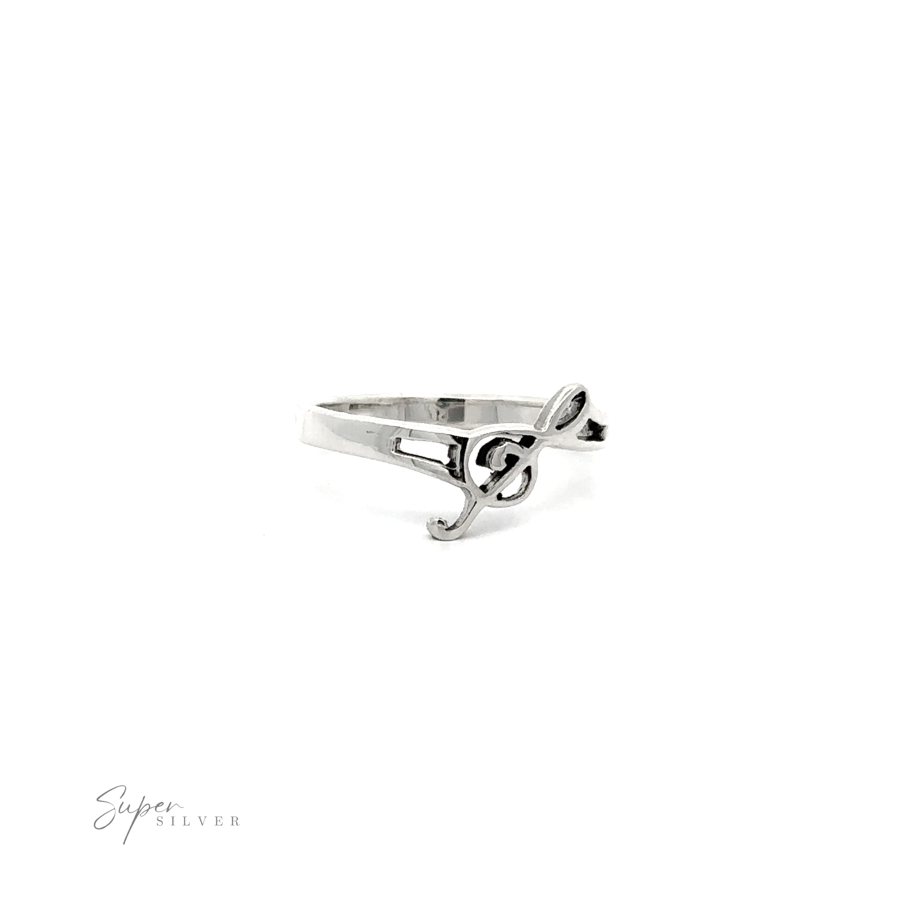 A silver split shank Slanted Treble Clef Ring.