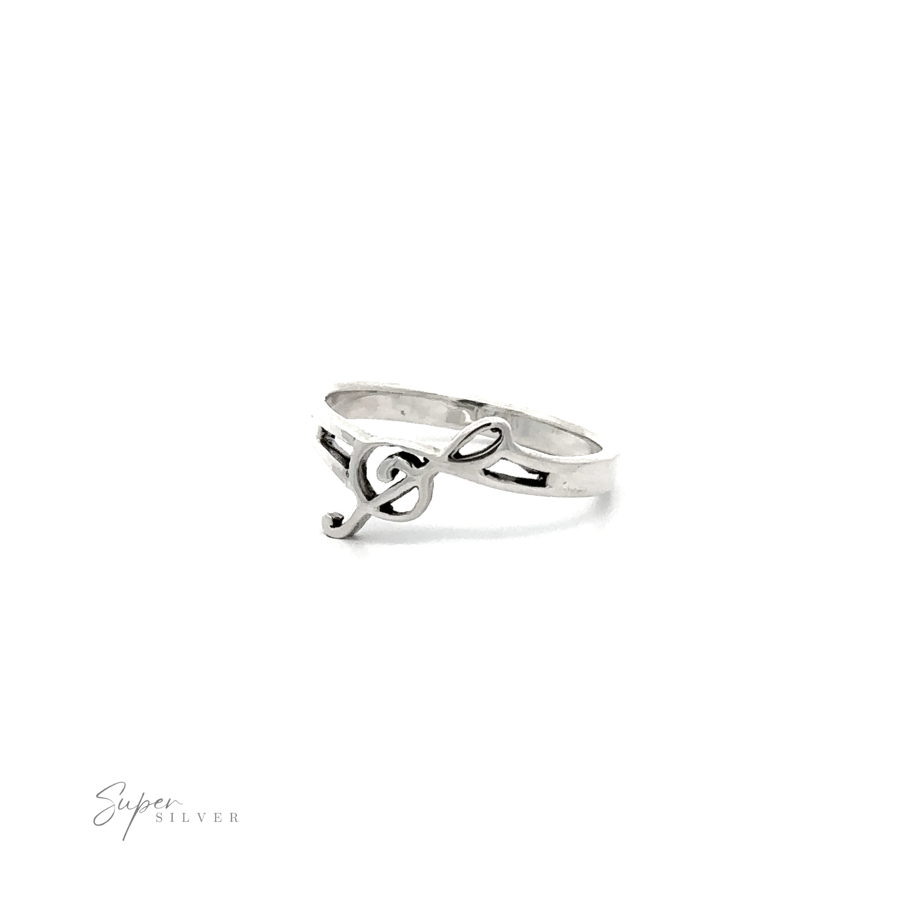 A sterling silver ring with a slanted treble clef in the shape of a treble clef.