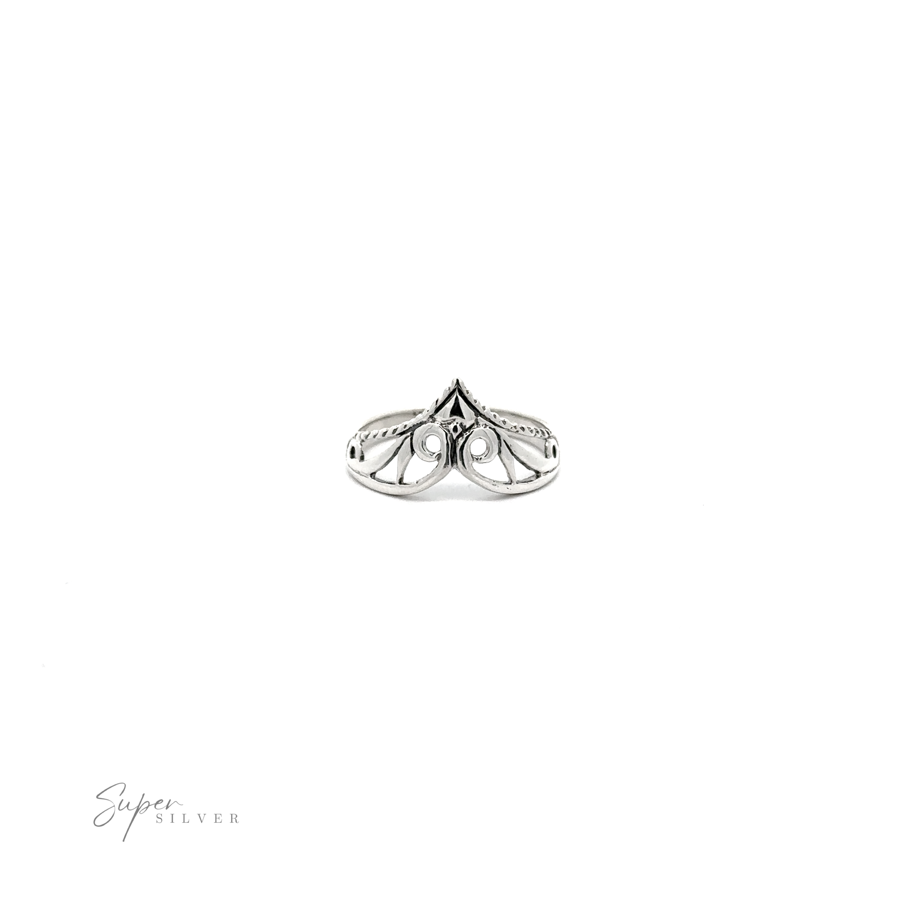 A Chevron Tiara Ring With Cutout Design with a diamond in the middle.