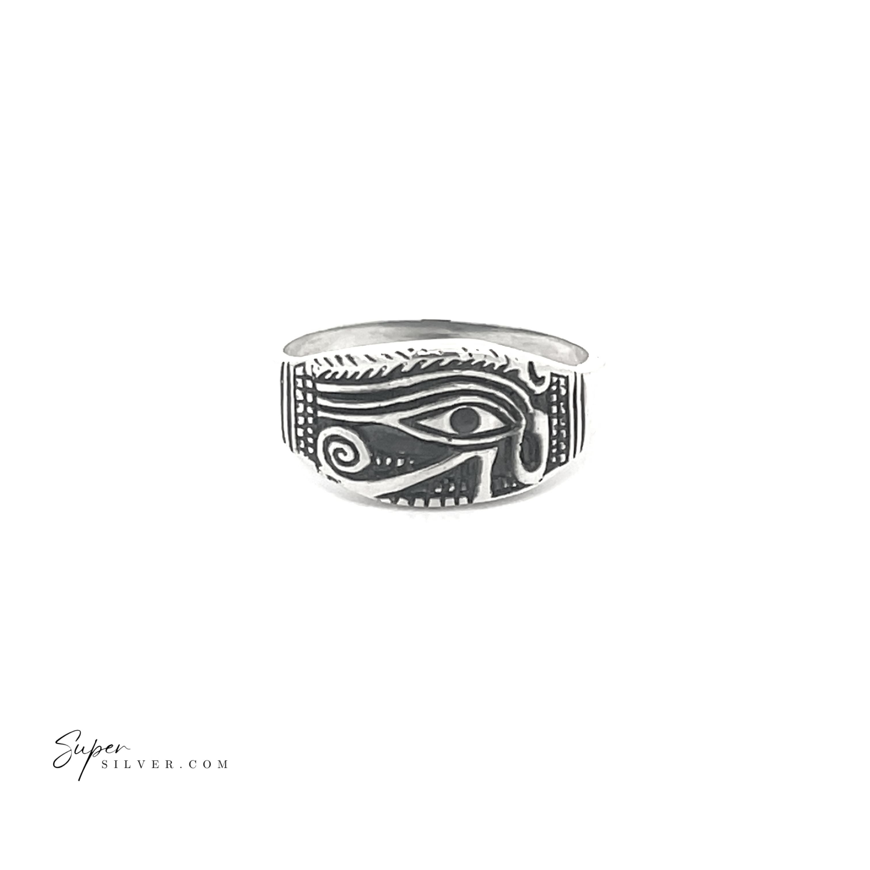 Eye of Ra Ring: A sterling silver band with an oxidized finish, showcasing an engraved Eye of Ra design set against a white background.