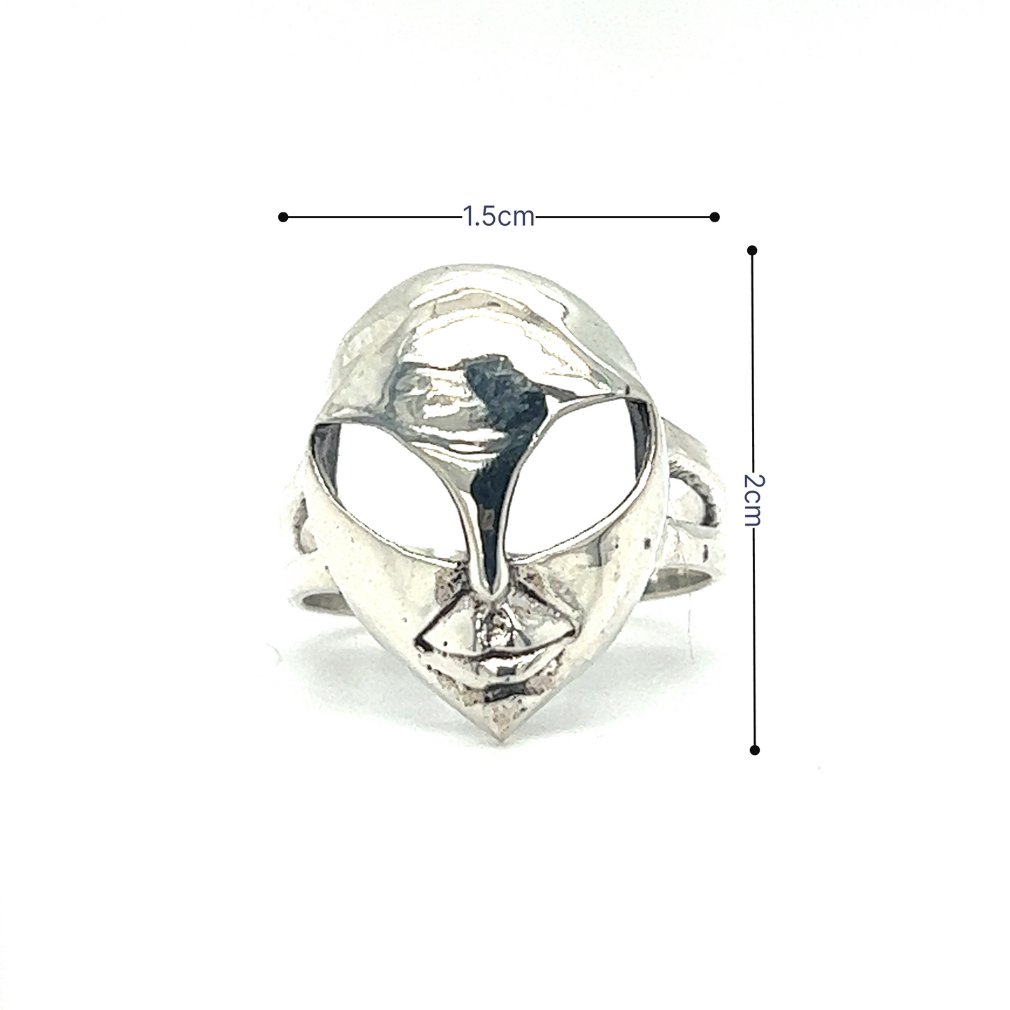 A fashion statement piece - a Super Silver Silver Alien Head Ring.