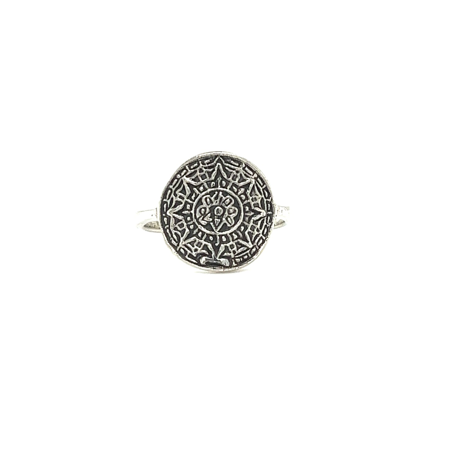 An ornate Super Silver Aztec Sun Ring adorned with a symbolic Sun God design, reminiscent of the ancient Aztec civilization.