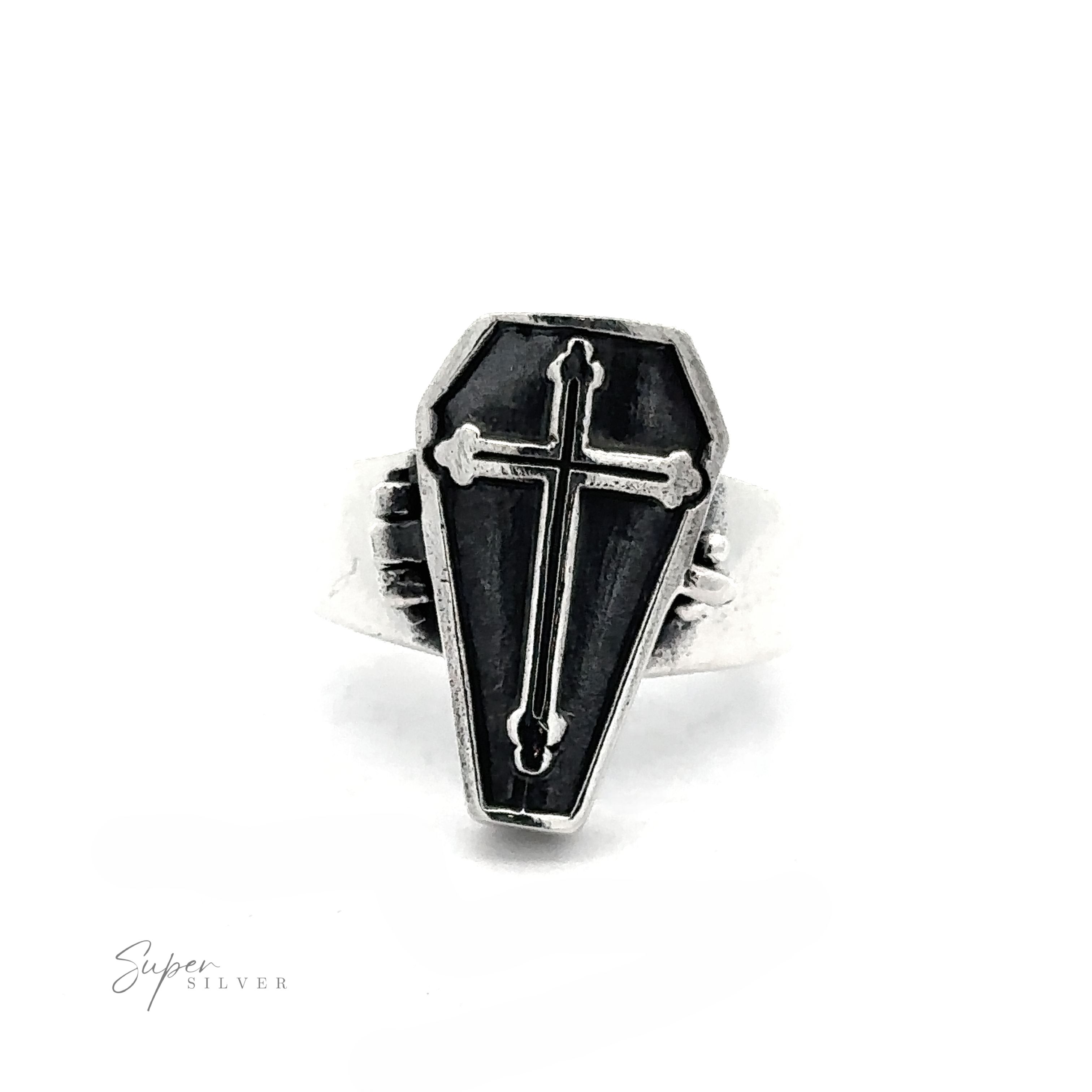 The Poison Coffin Ring with Cross is a .925 Sterling Silver ring that exudes gothic elegance with its coffin-shaped face. It prominently features a cross at the center, set against a white background, while the words "Super Silver" are visible in the lower left corner.
