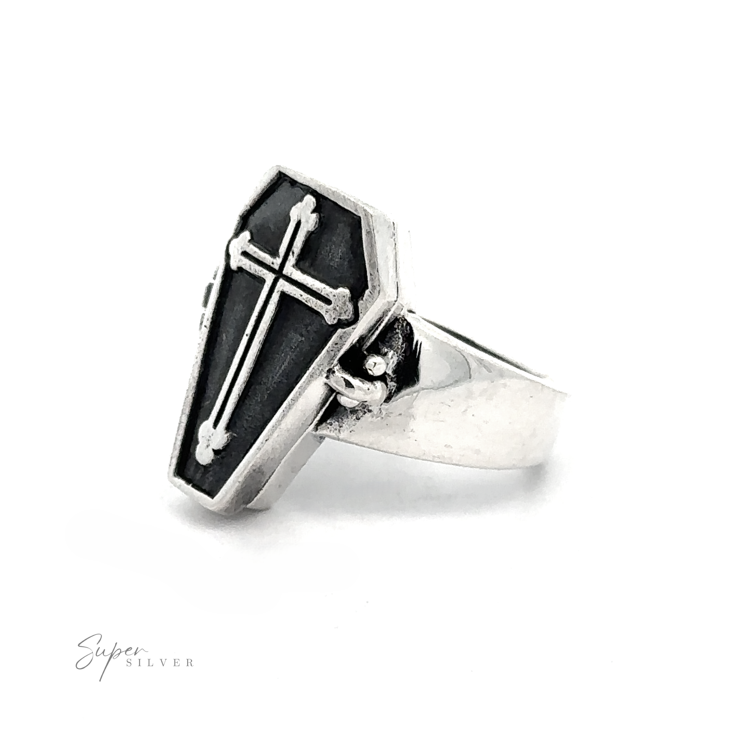 The Poison Coffin Ring with Cross exudes gothic elegance with its coffin-shaped top featuring a cross design. Made from .925 Sterling Silver, the brand name "Super Silver" is visible on the lower left corner, echoing timeless craftsmanship.