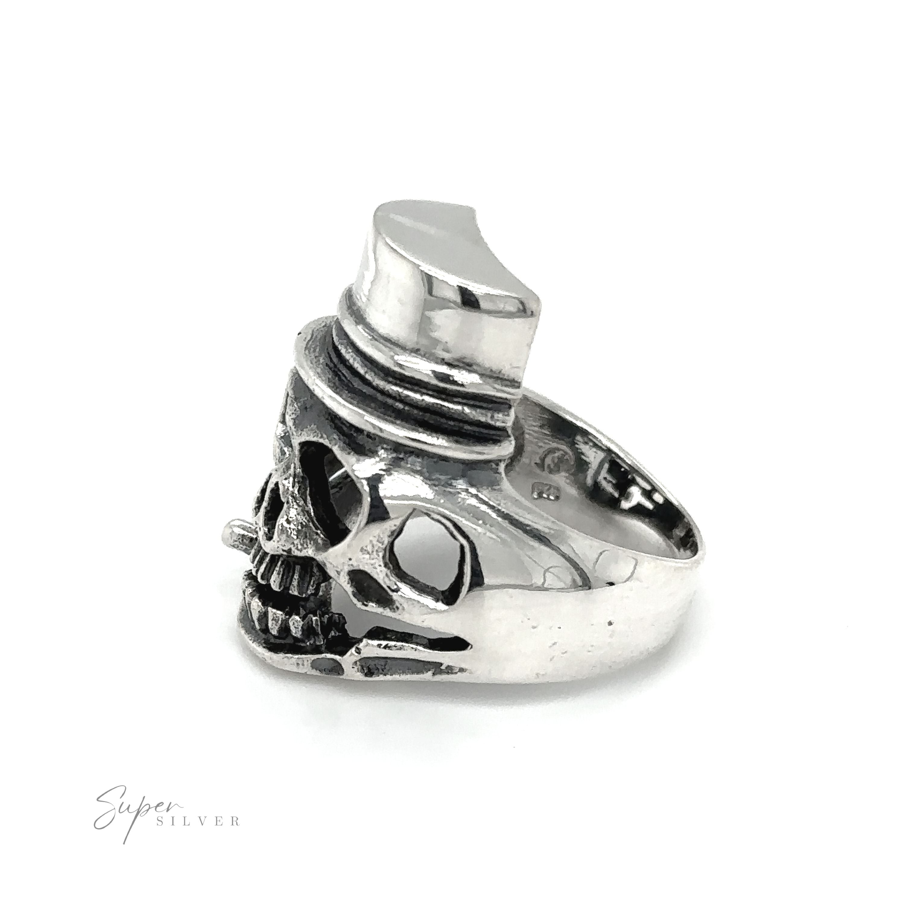 An edgy silver Skull Ring with Top Hat adorned with a stylish top hat.