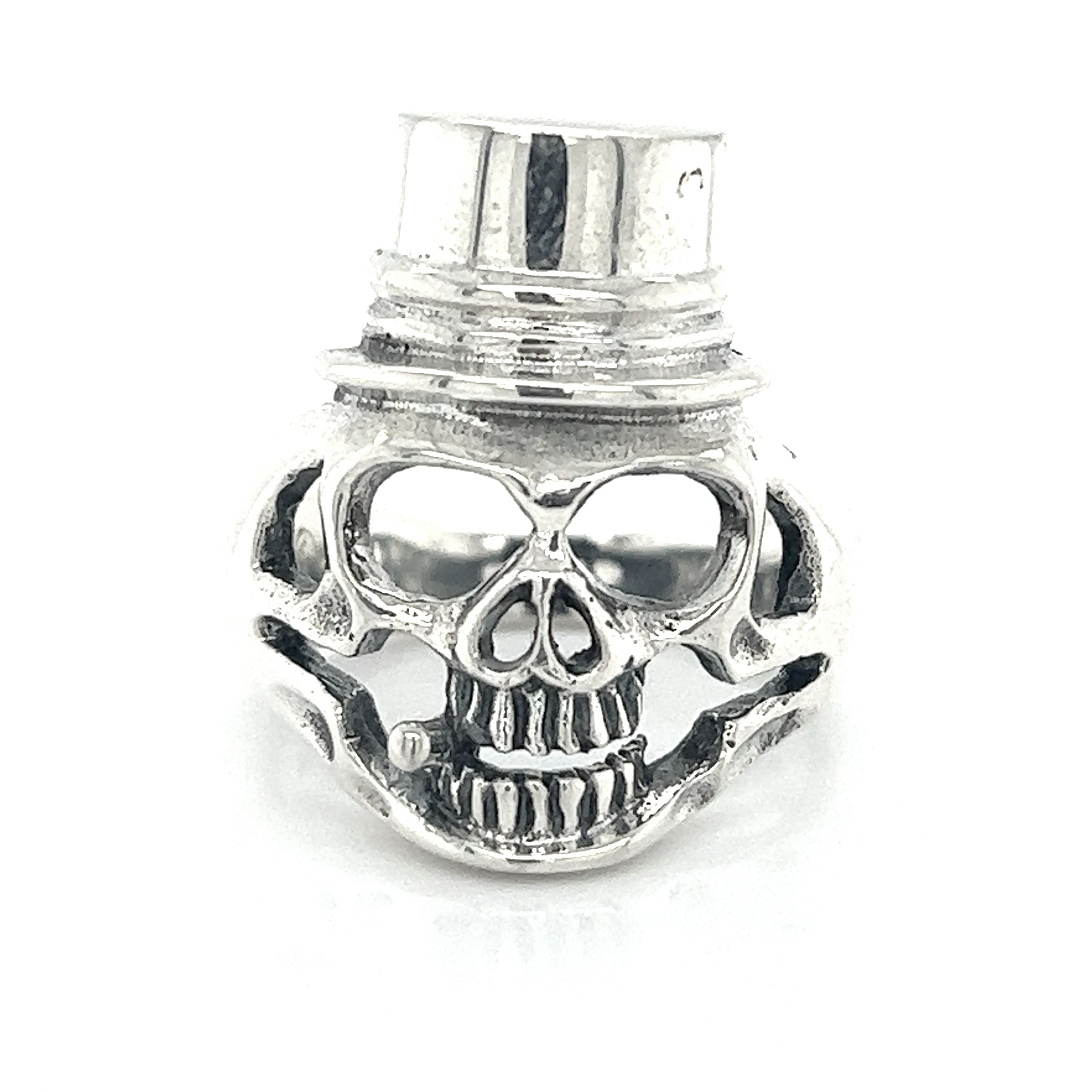 An edgy fashion statement featuring a Skull Ring with Top Hat adorned with a top hat.