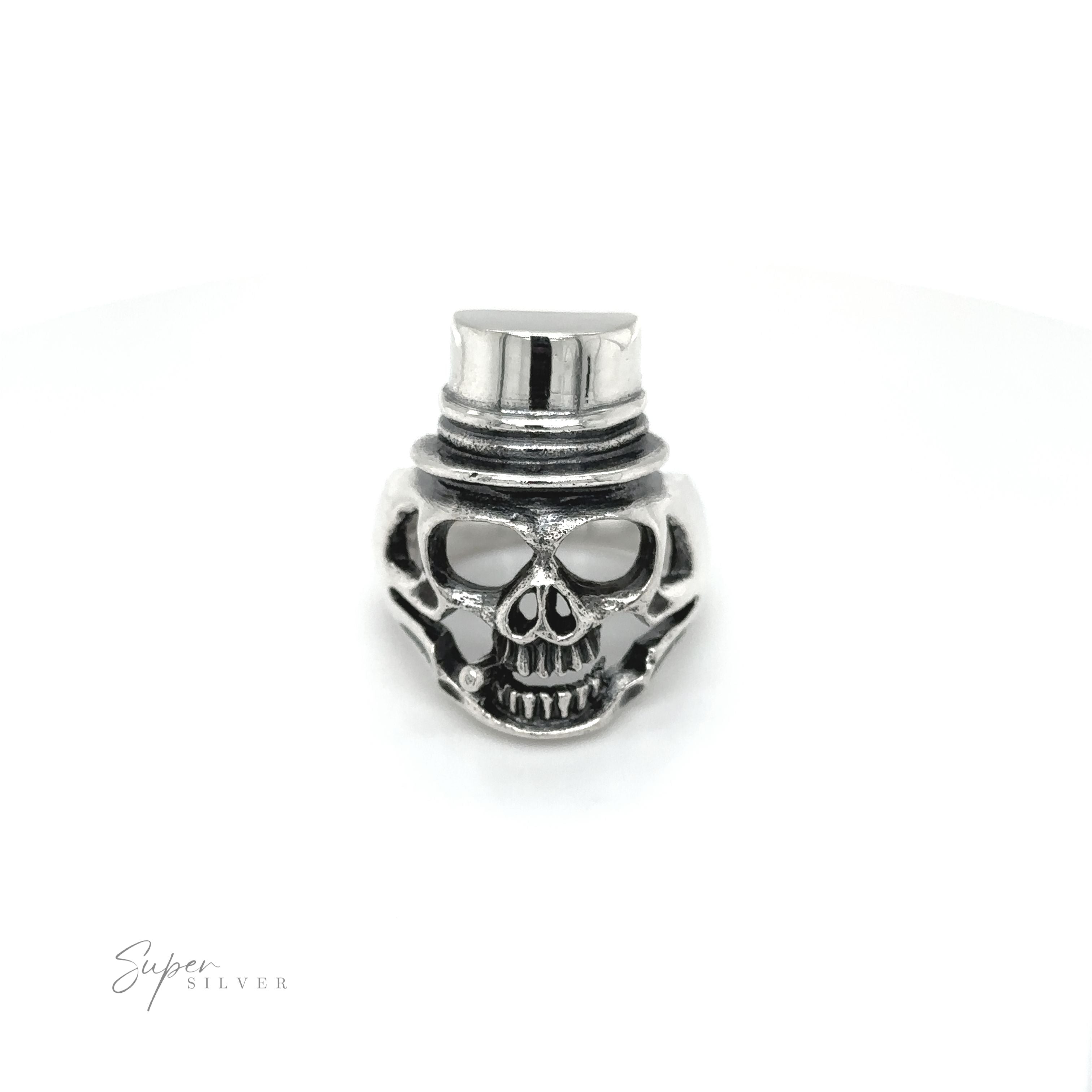An edgy fashion accessory - a Skull Ring with Top Hat - showcased on a white background.