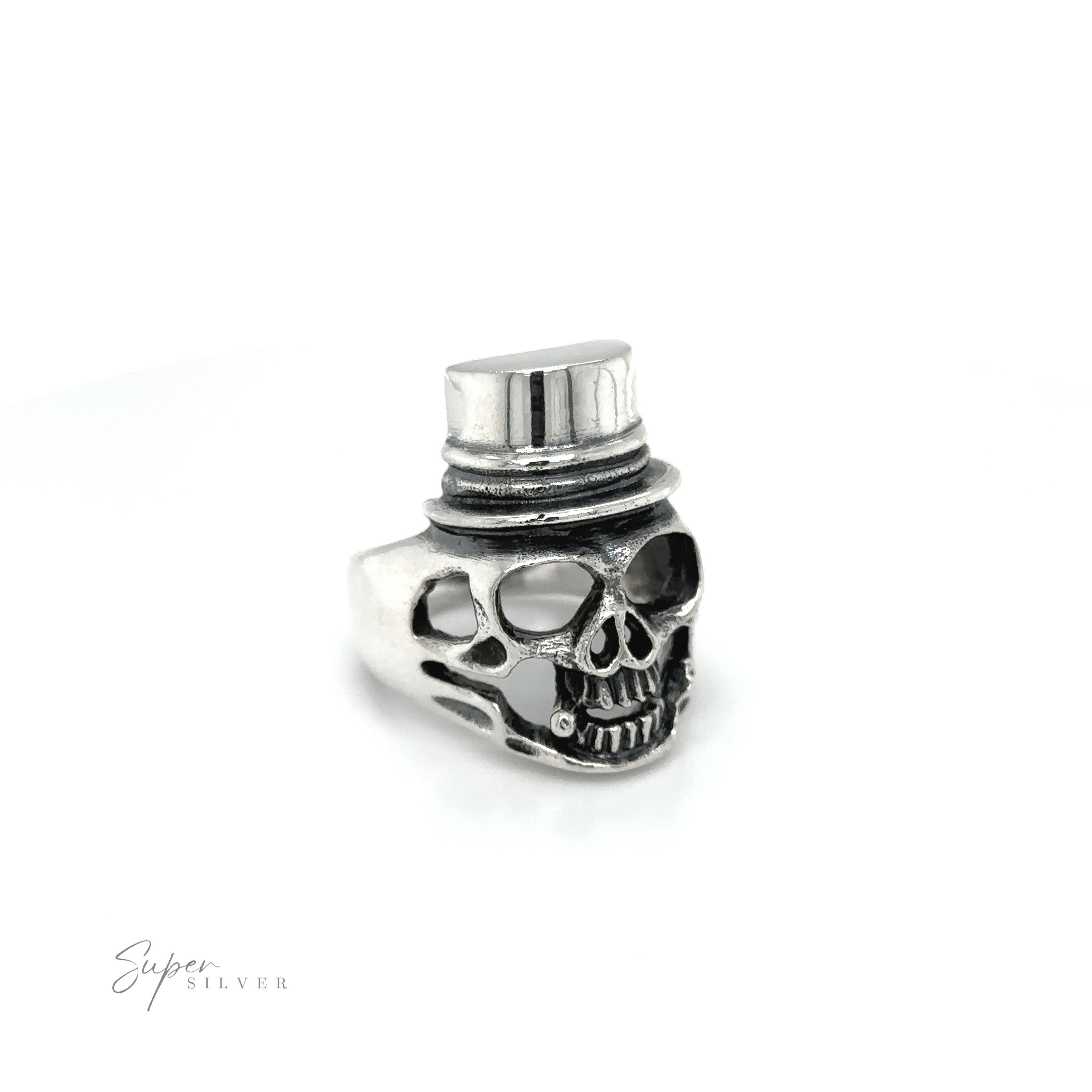 An edgy fashion statement, a Skull Ring with Top Hat adorned motif.