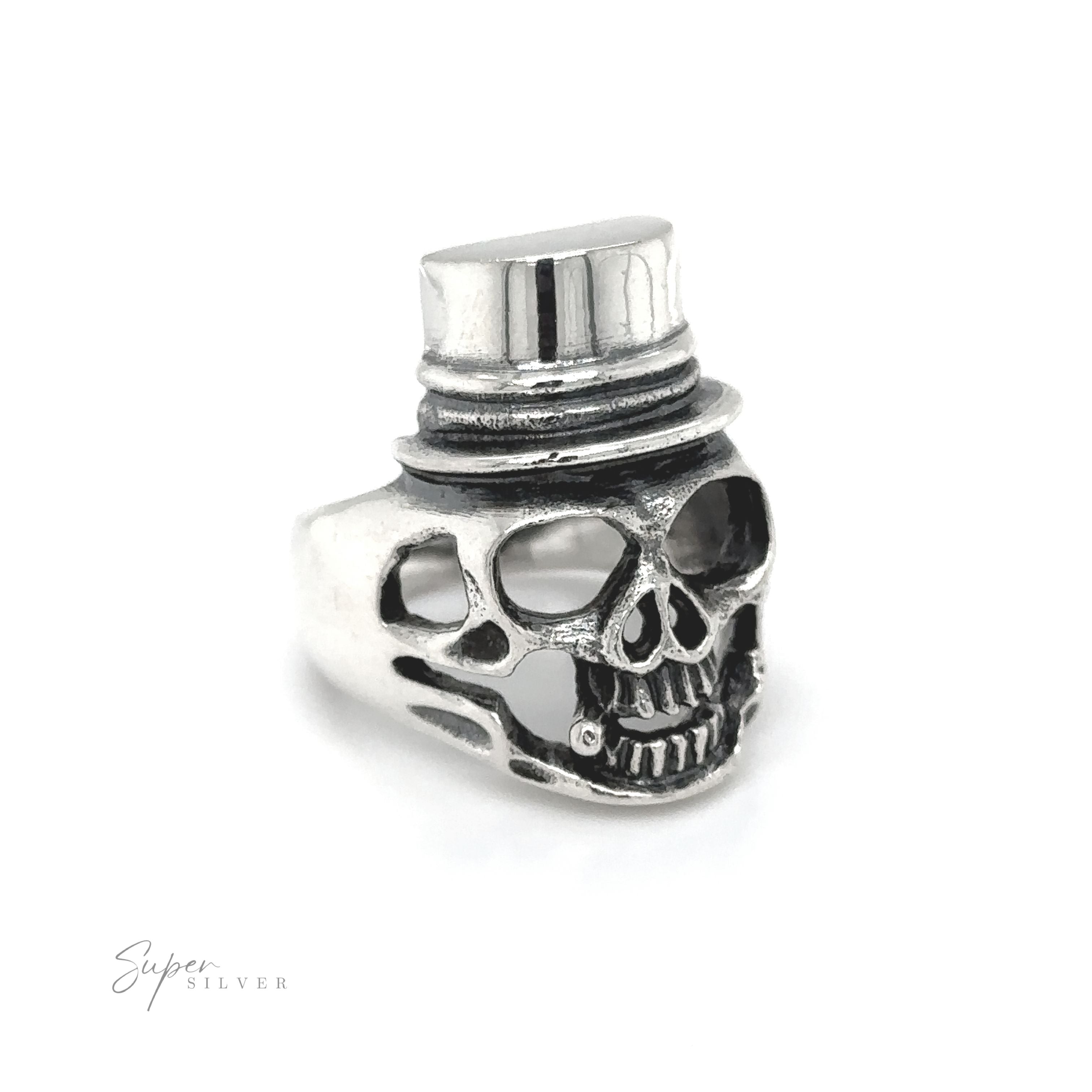 An edgy fashion statement, featuring the Skull Ring with Top Hat, an adorned skull on a sleek silver ring.