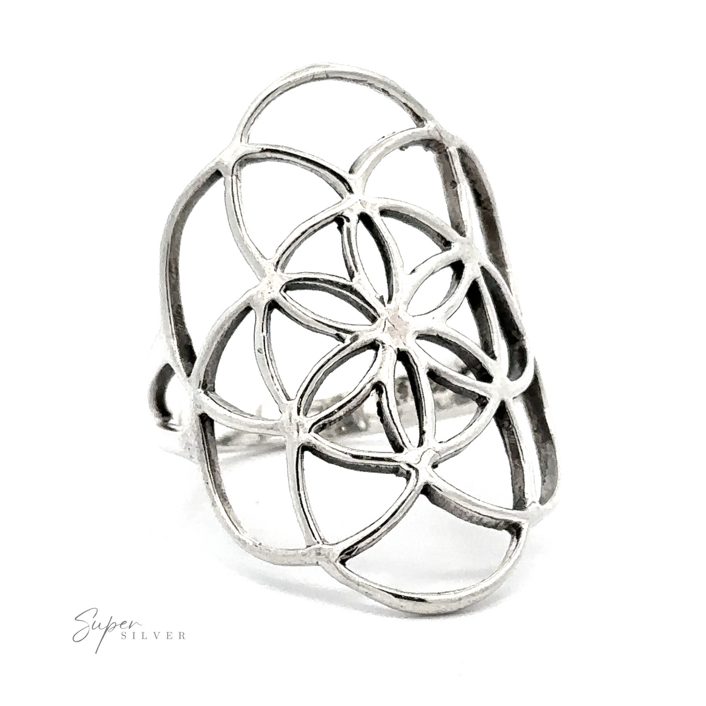 A Silver Flower of Life ring featuring an intricate, openwork design of interlacing loops, displayed on a white background with a "super silver" watermark.