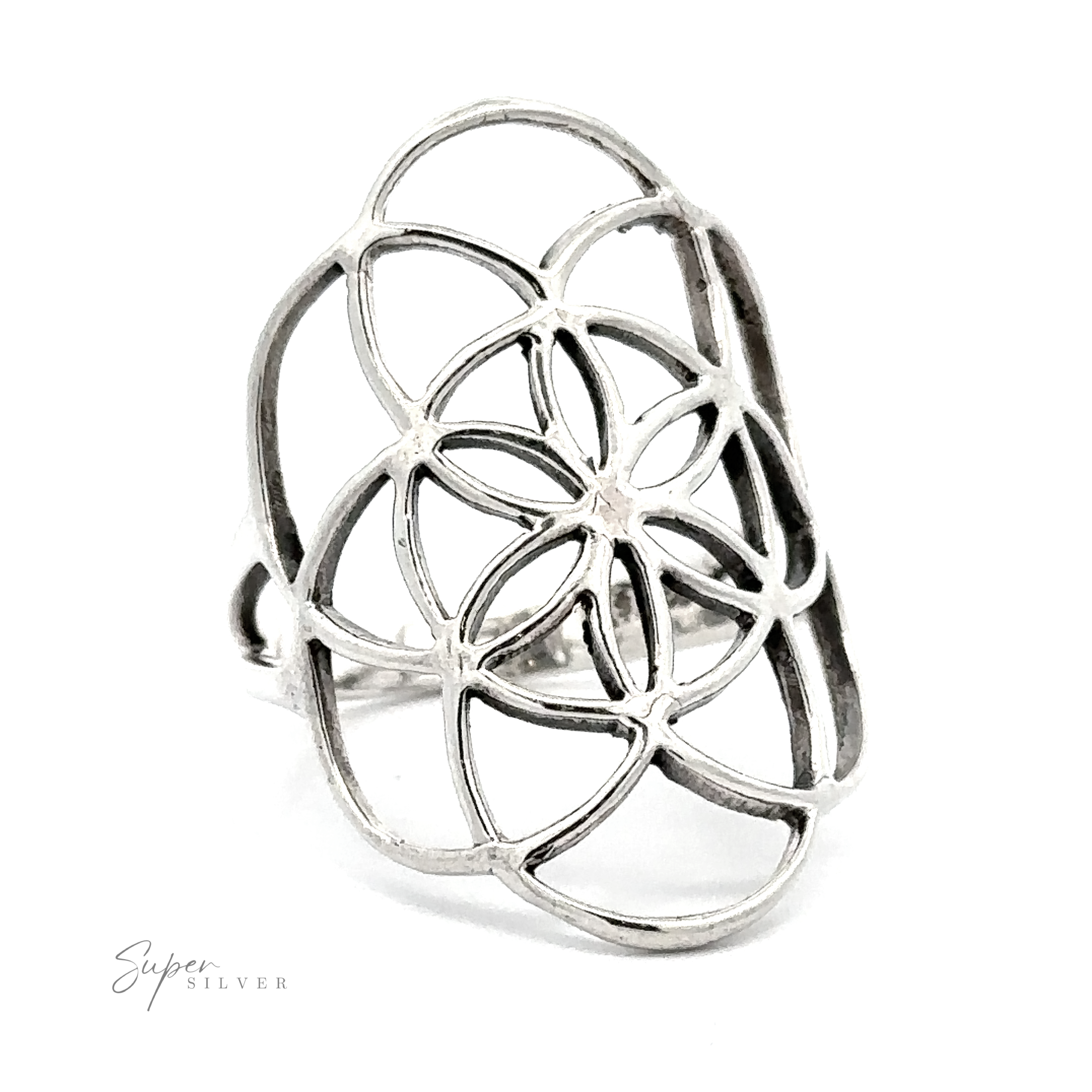 A Silver Flower of Life ring featuring an intricate, openwork design of interlacing loops, displayed on a white background with a "super silver" watermark.