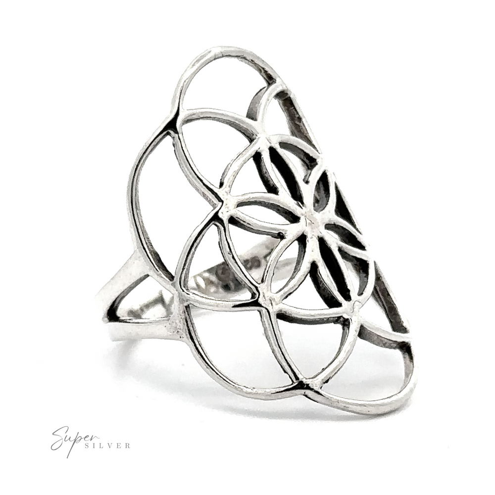 A Silver Flower of Life ring featuring an intricate, looping openwork design, displayed against a plain white background.