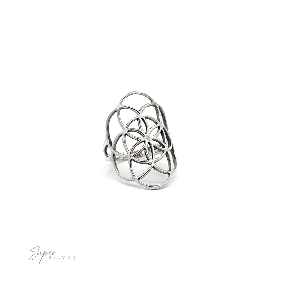 
                  
                    Silver Flower of Life Ring with an intricate, overlapping Flower of Life design on a white background, labeled "super silver.
                  
                