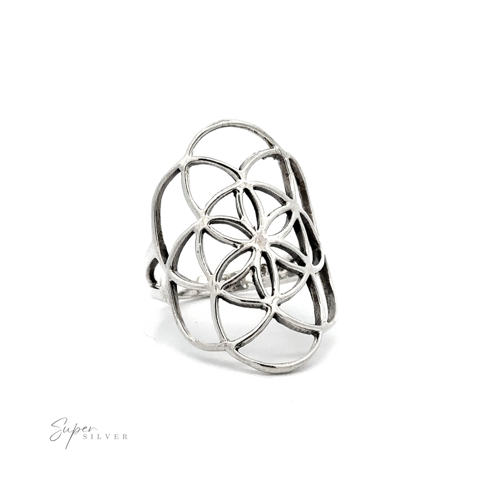 
                  
                    Silver Flower of Life Ring designed with an intricate, Flower of Life pattern displayed on a white background.
                  
                