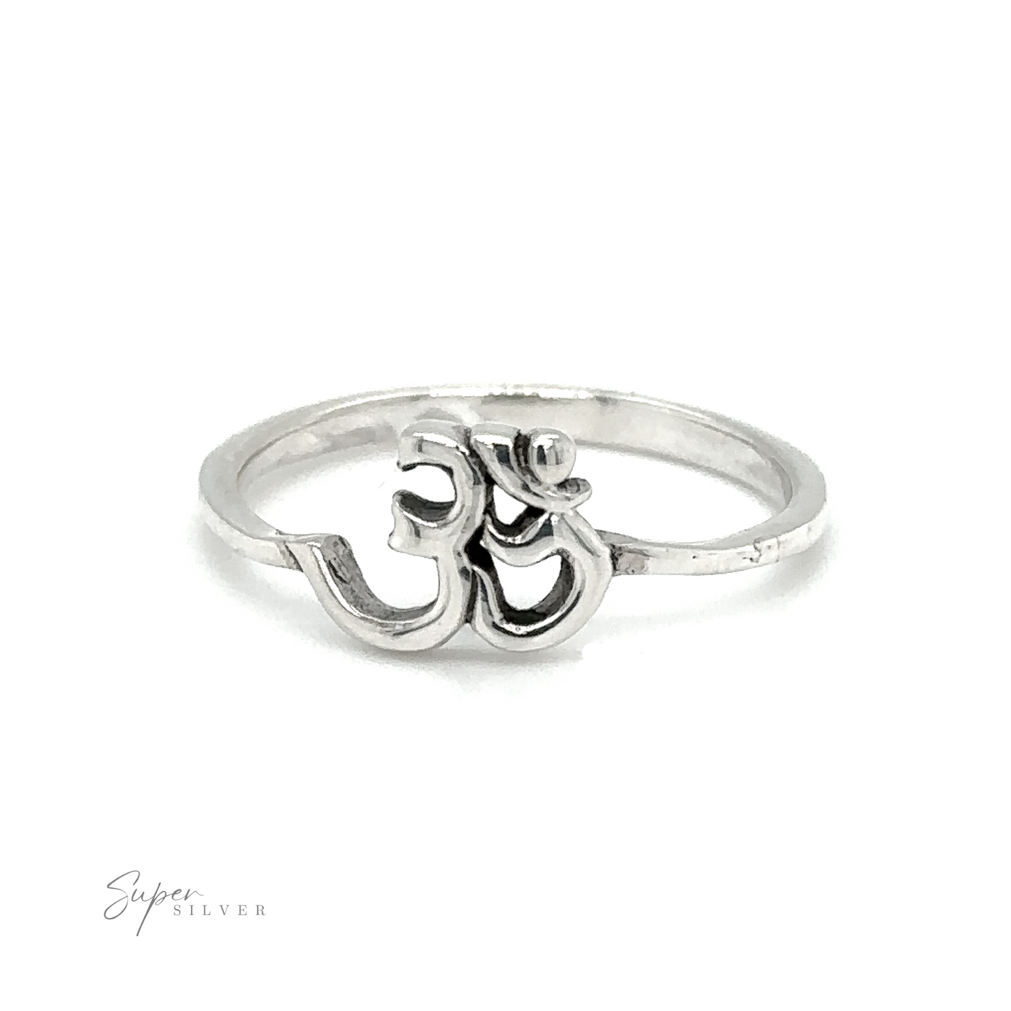 A Dainty Om ring with a symbol representing interconnectedness and mindfulness.