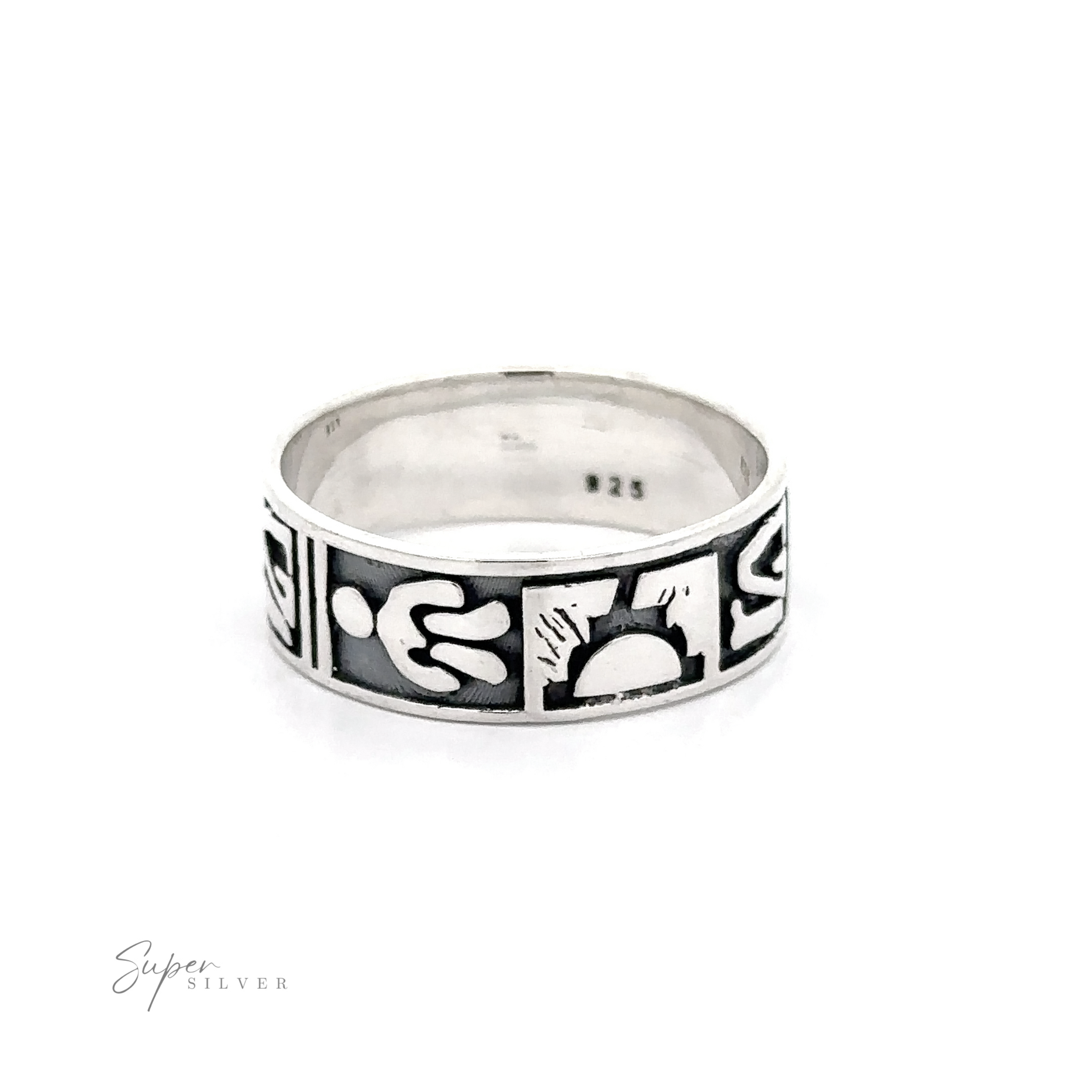 Sterling silver ring with Petroglyph Silver Band design.