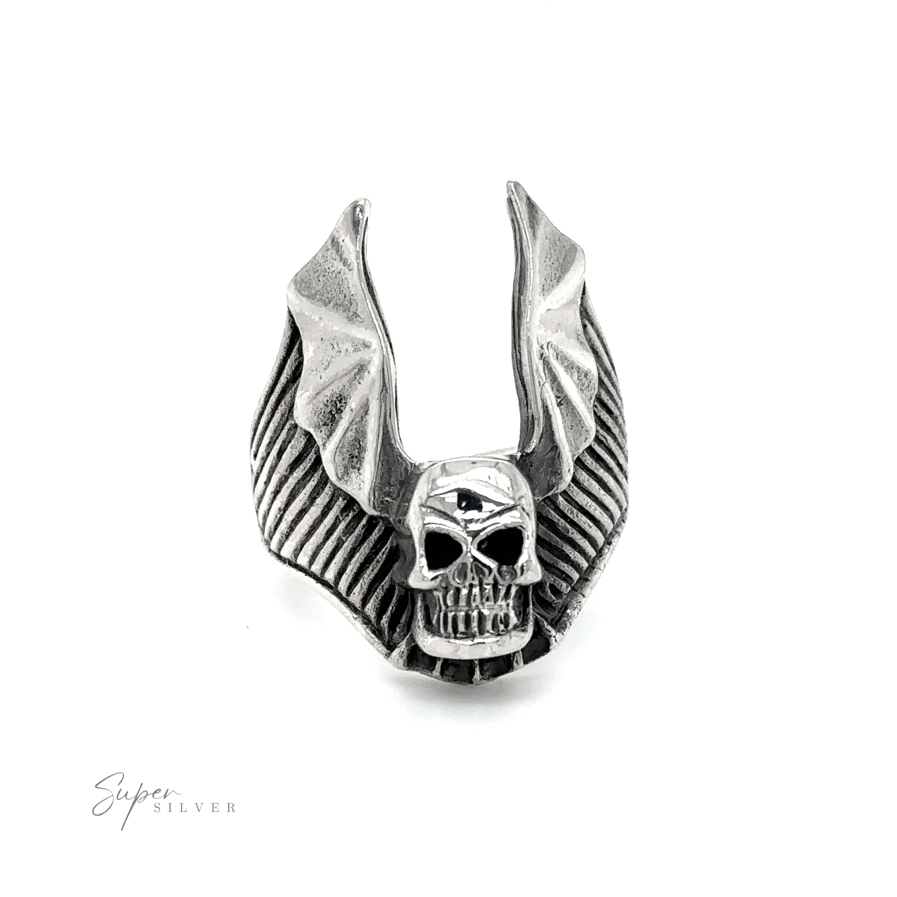 A silver Heavy Skull with Wings ring, radiating darkness.