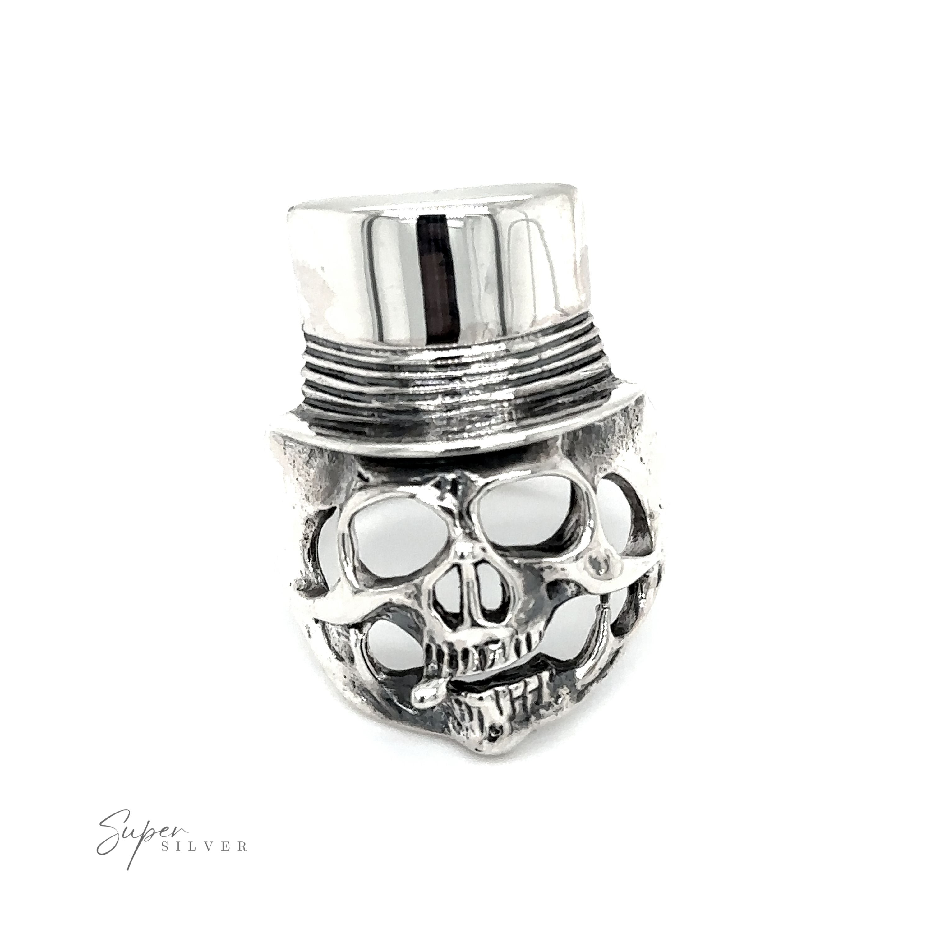 An edgy fashion statement, a Skull Ring with Top Hat adorned with a top hat.