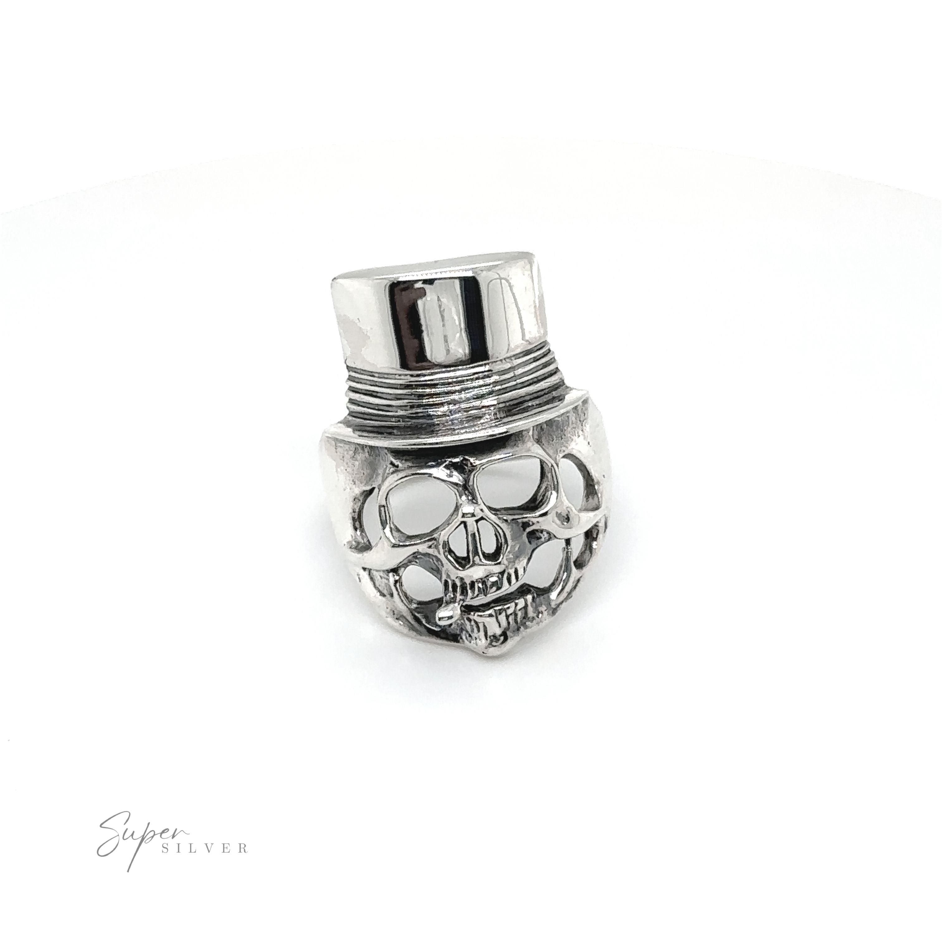 An edgy fashion statement, the Skull Ring with Top Hat features a sleek silver design.