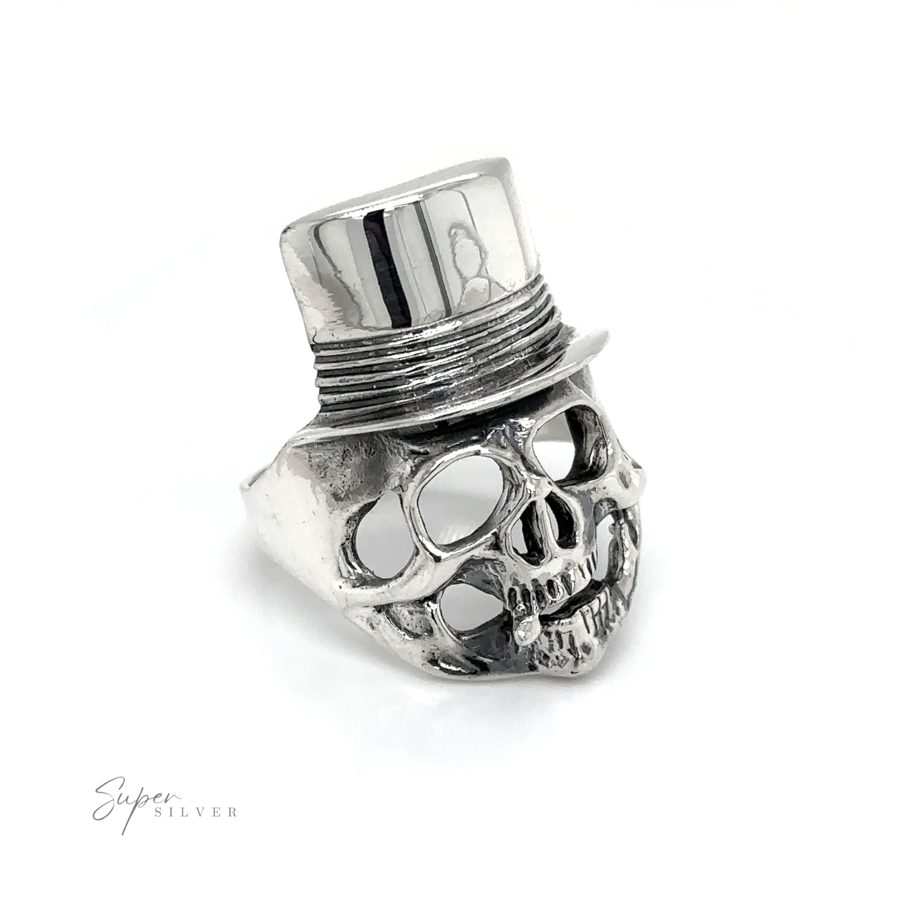 An edgy fashion statement, featuring a Skull Ring with Top Hat motif on a sleek silver band.