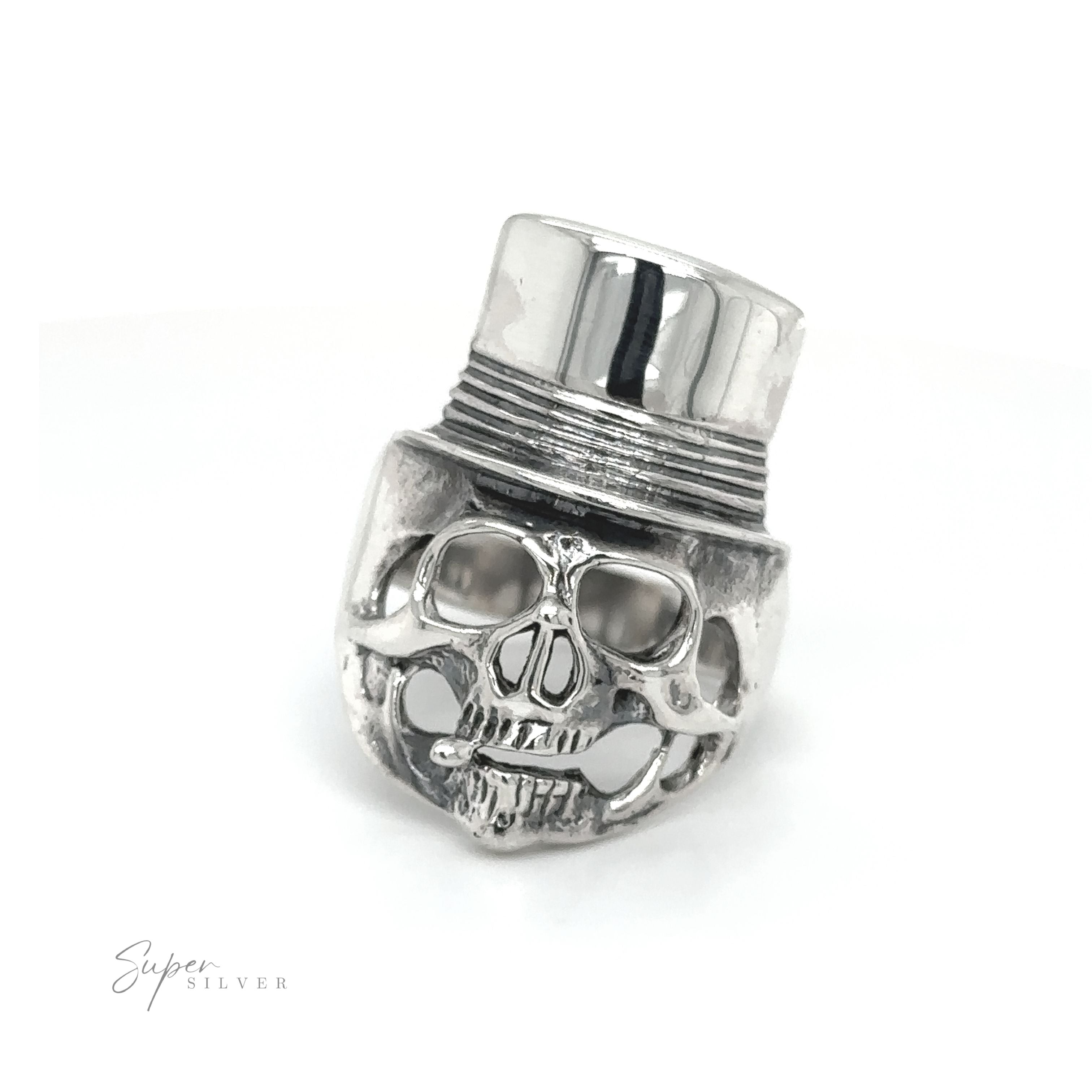 A Skull Ring with Top Hat, perfect for edgy fashion enthusiasts.