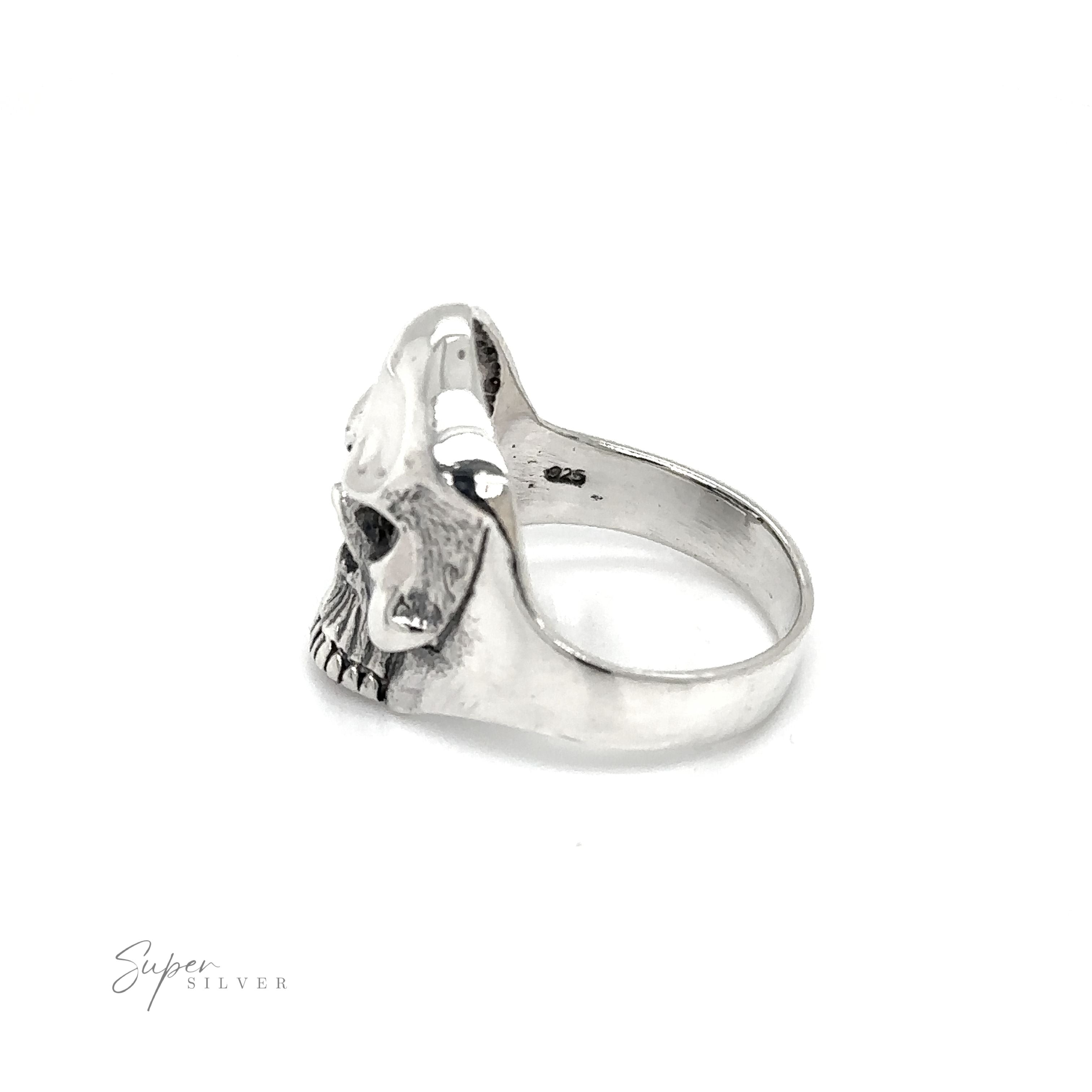 An angry Heavy Upper Skull Ring embodying a fearless spirit, showcased against a clean white background.