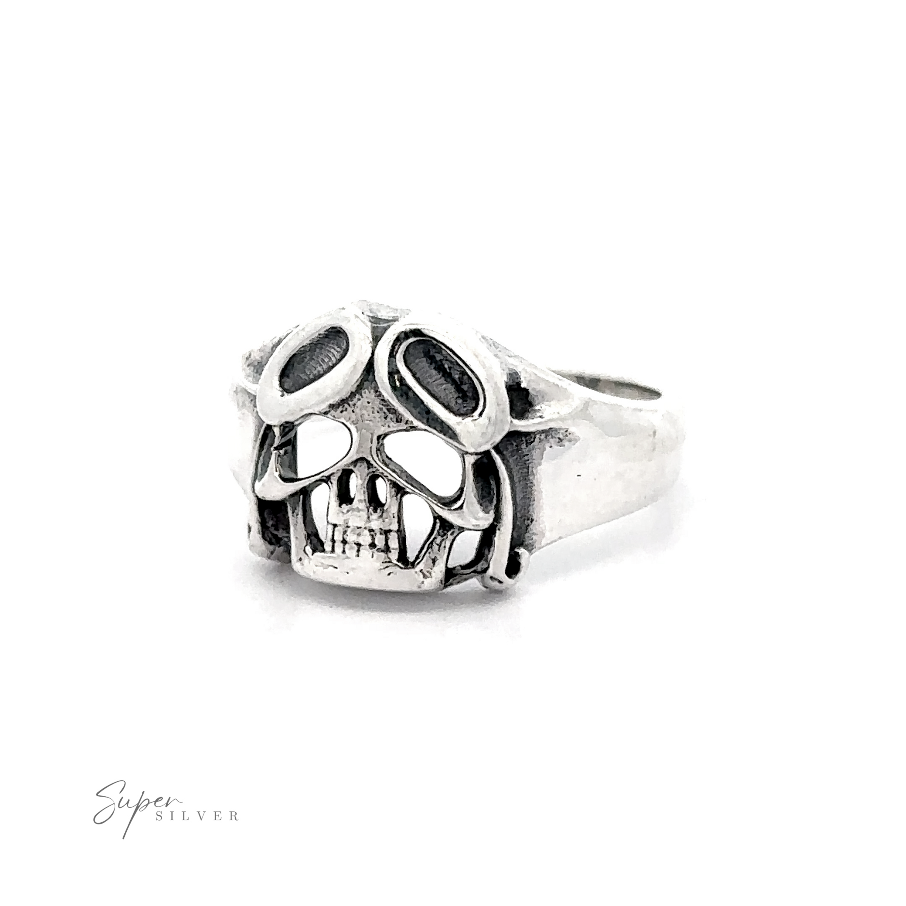 A Aviator Silver Skull Ring displayed against a white background.