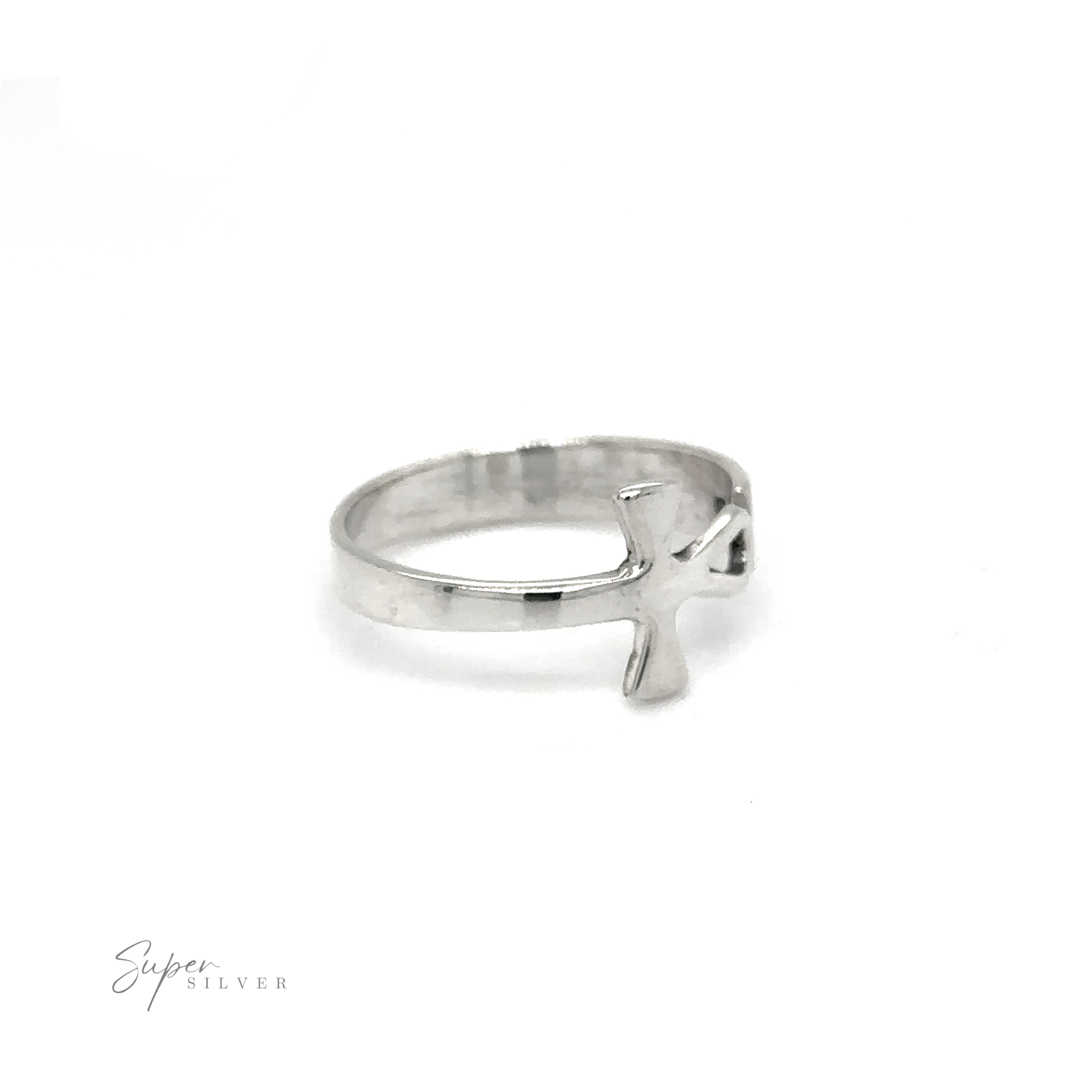 A minimalist design Sideways Connecting Ankh Ring with a cross on it, incorporating eternal style.