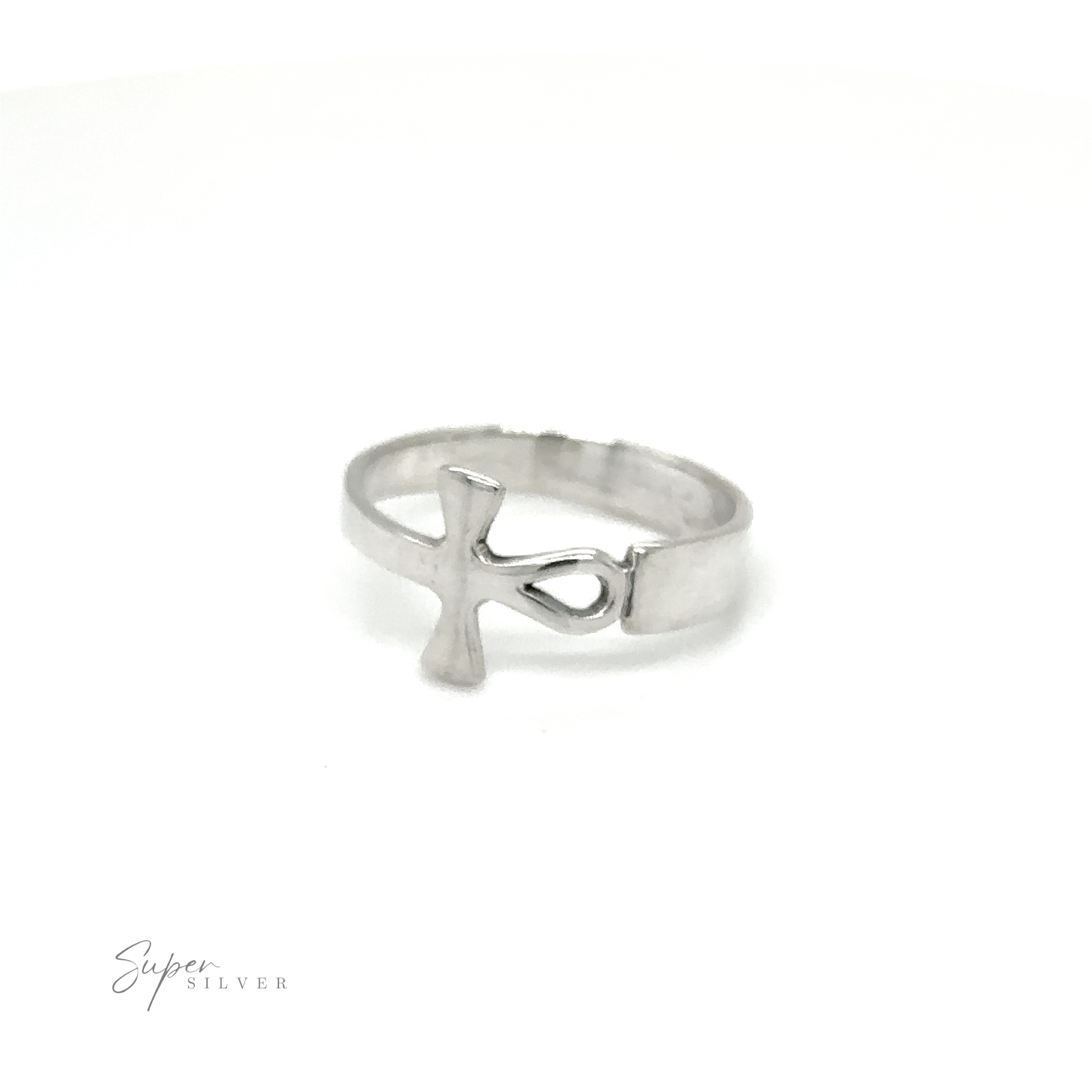 A silver Sideways Connecting Ankh ring with a minimalist design and eternal style.