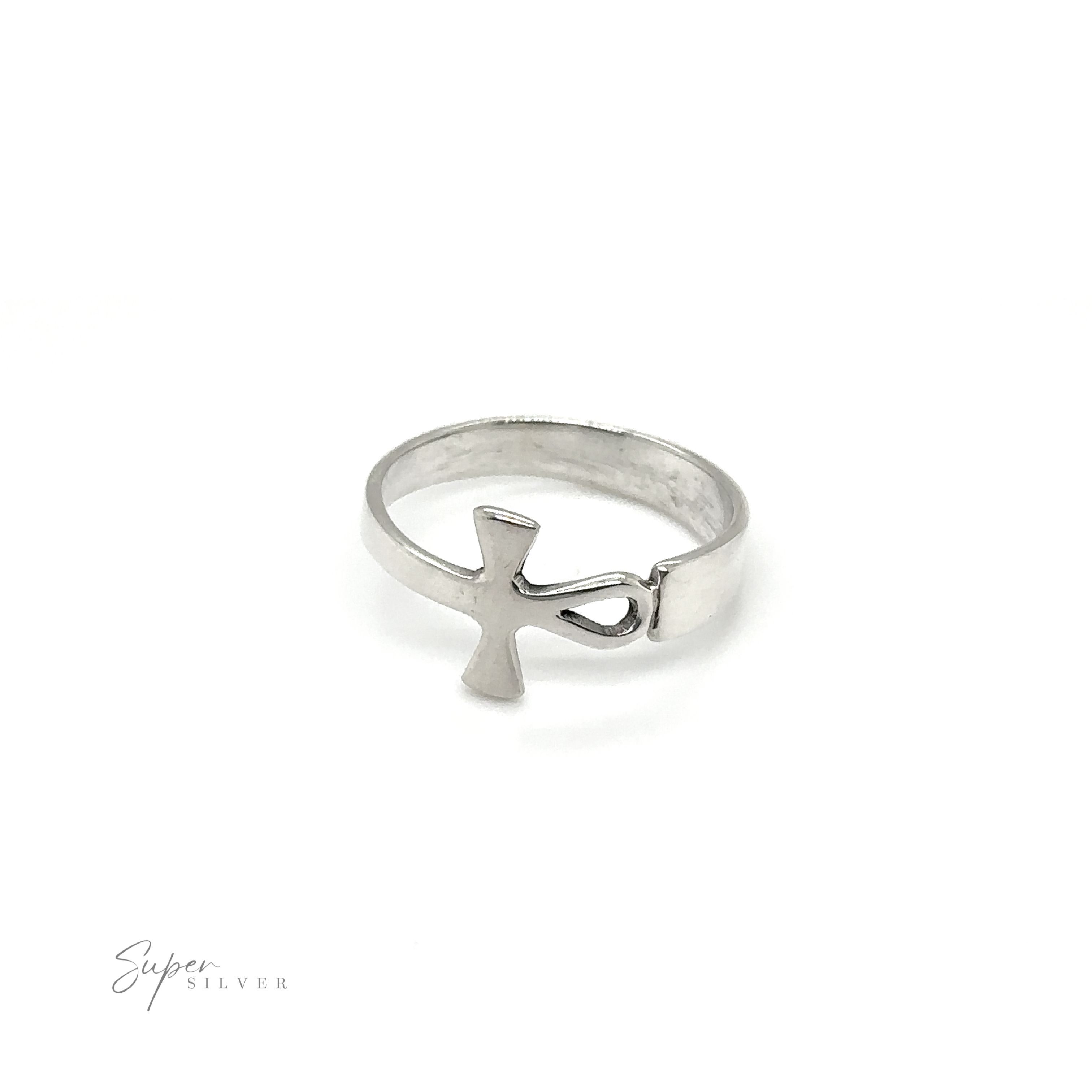 A Sideways Connecting Ankh Ring with a minimalist design and a small cross on it, representing eternal style.